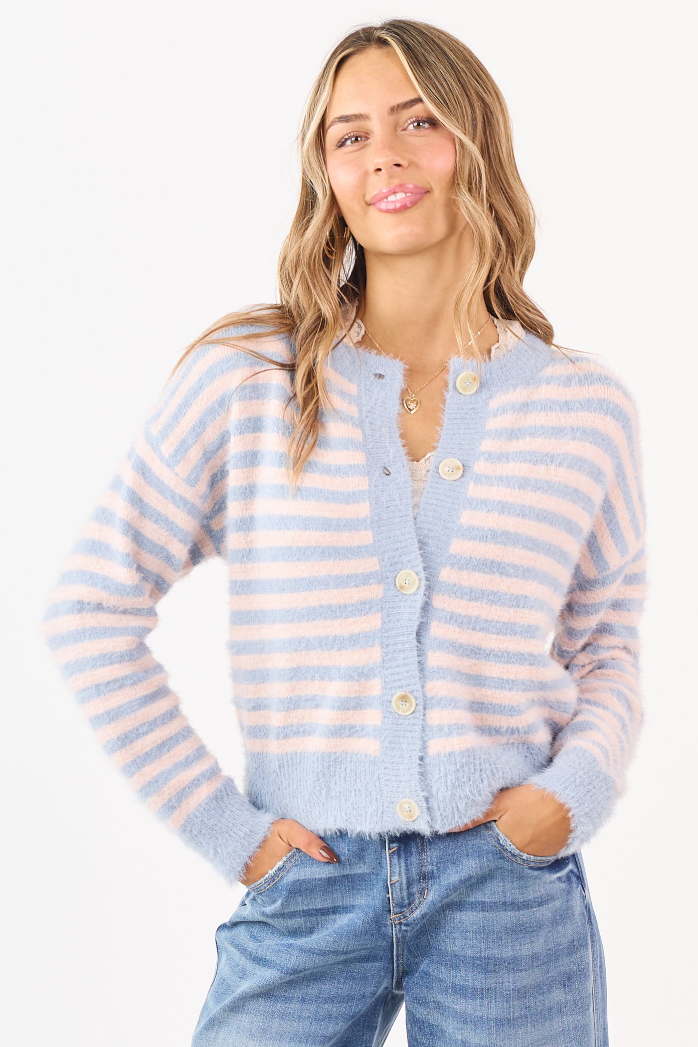 Slate Blue Striped Button Down Eyelash Knit Cardigan
