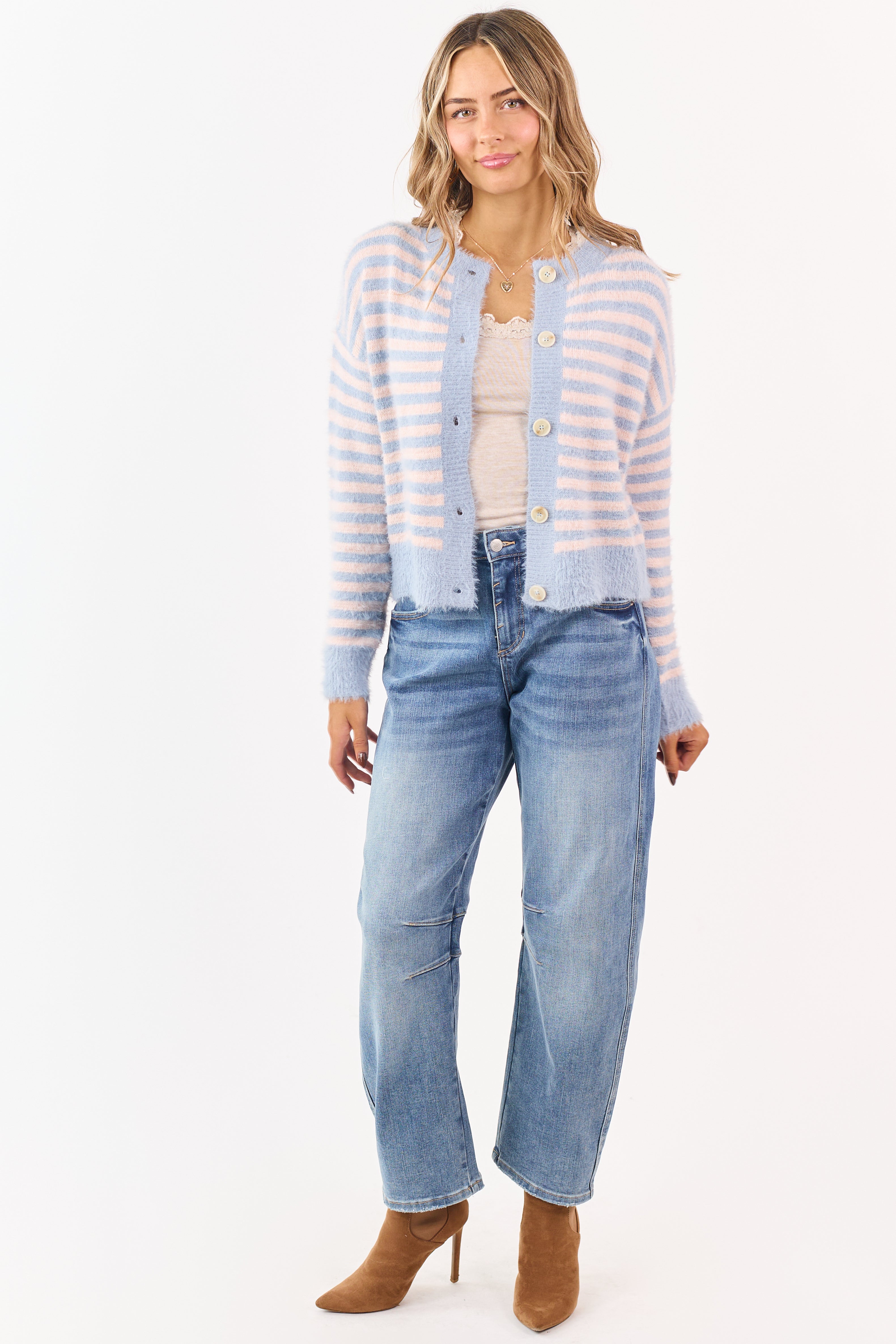 Slate Blue Striped Button Down Eyelash Knit Cardigan