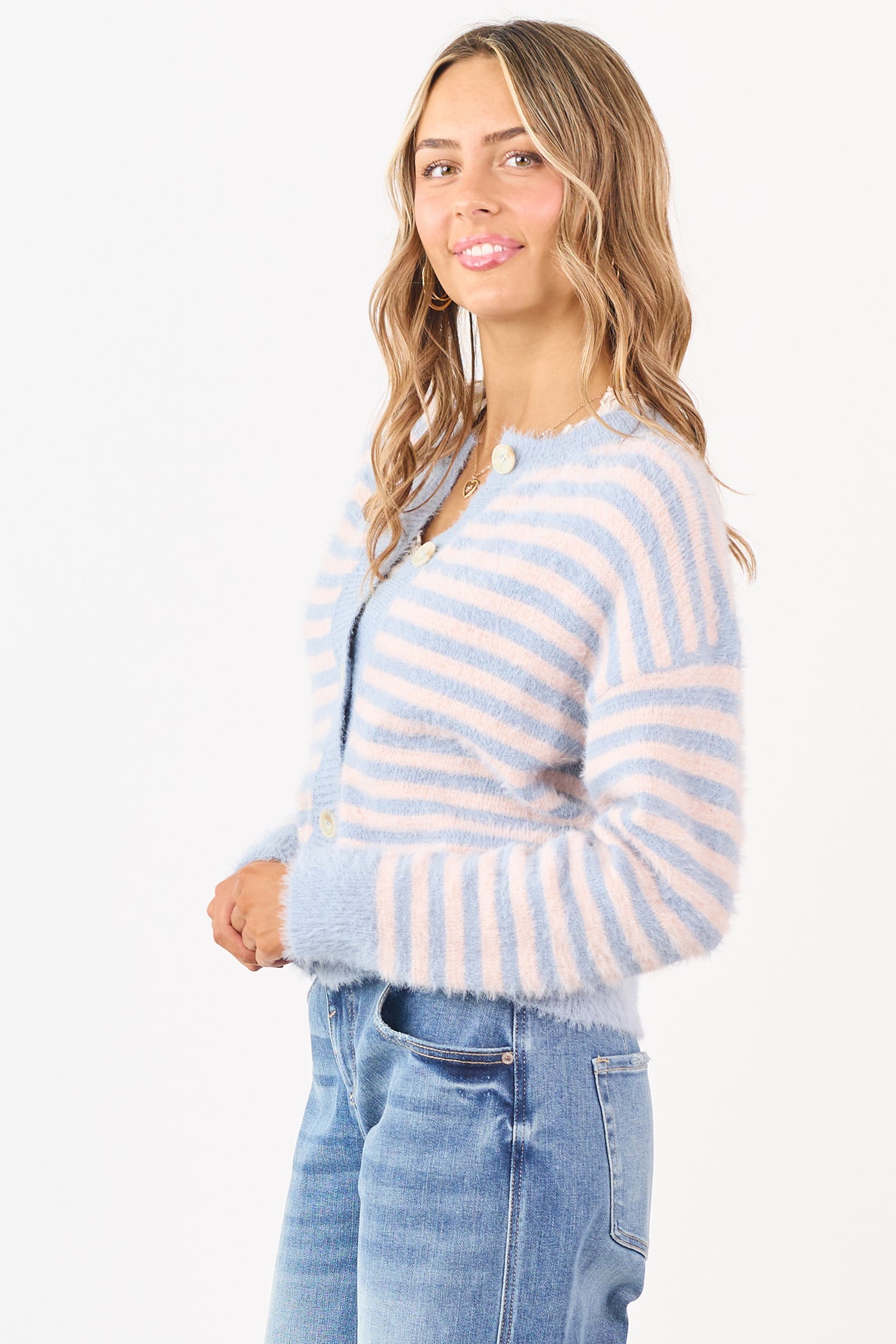 Slate Blue Striped Button Down Eyelash Knit Cardigan