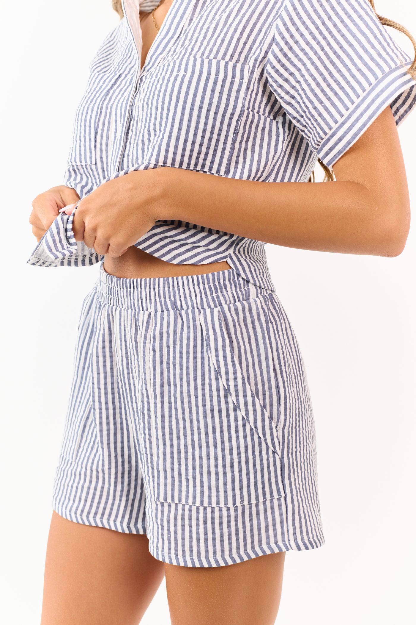 Slate Blue Striped Cotton Top and Shorts Set