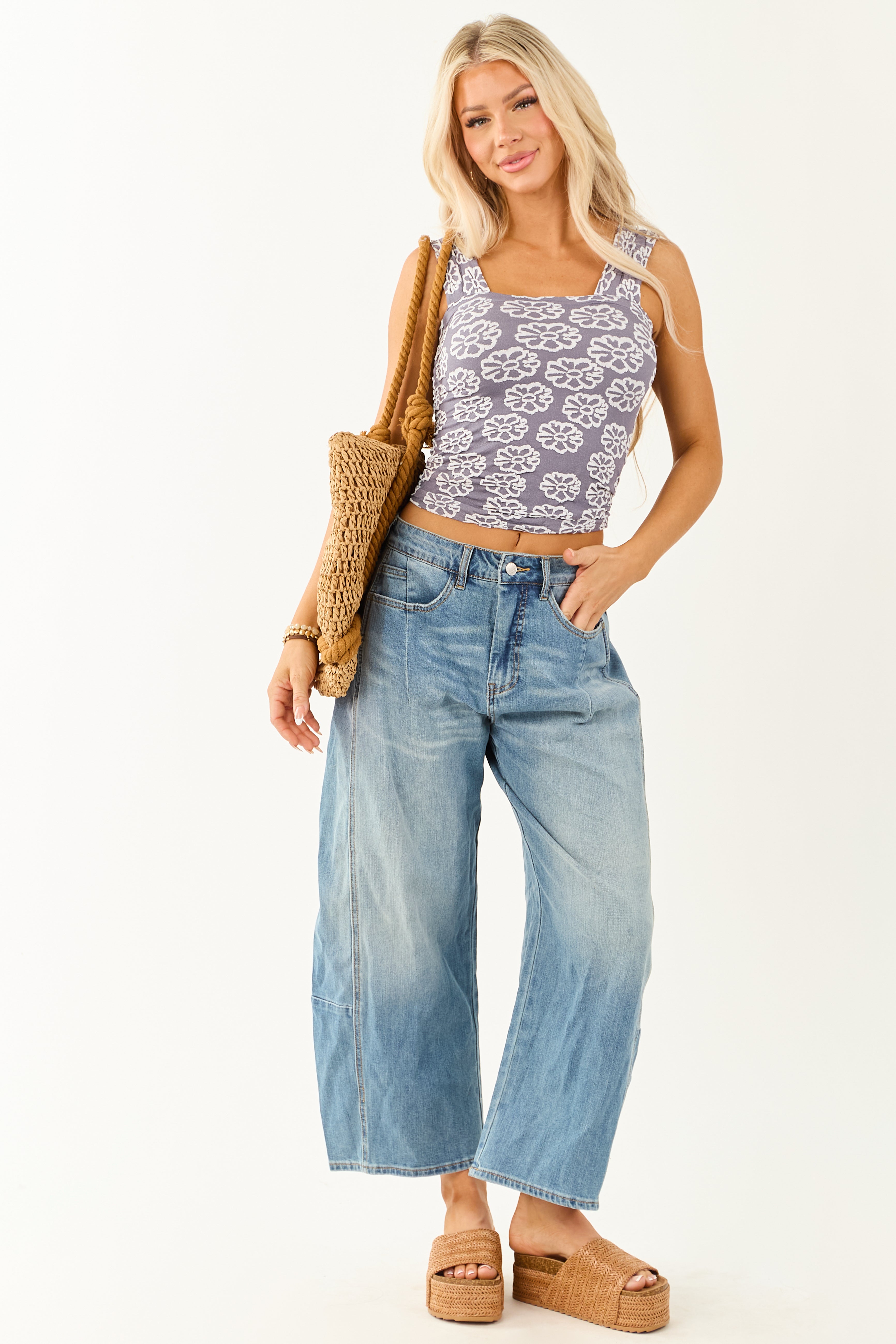 Slate Blue Textured Floral Cropped Tank Top | Lime Lush Boutique