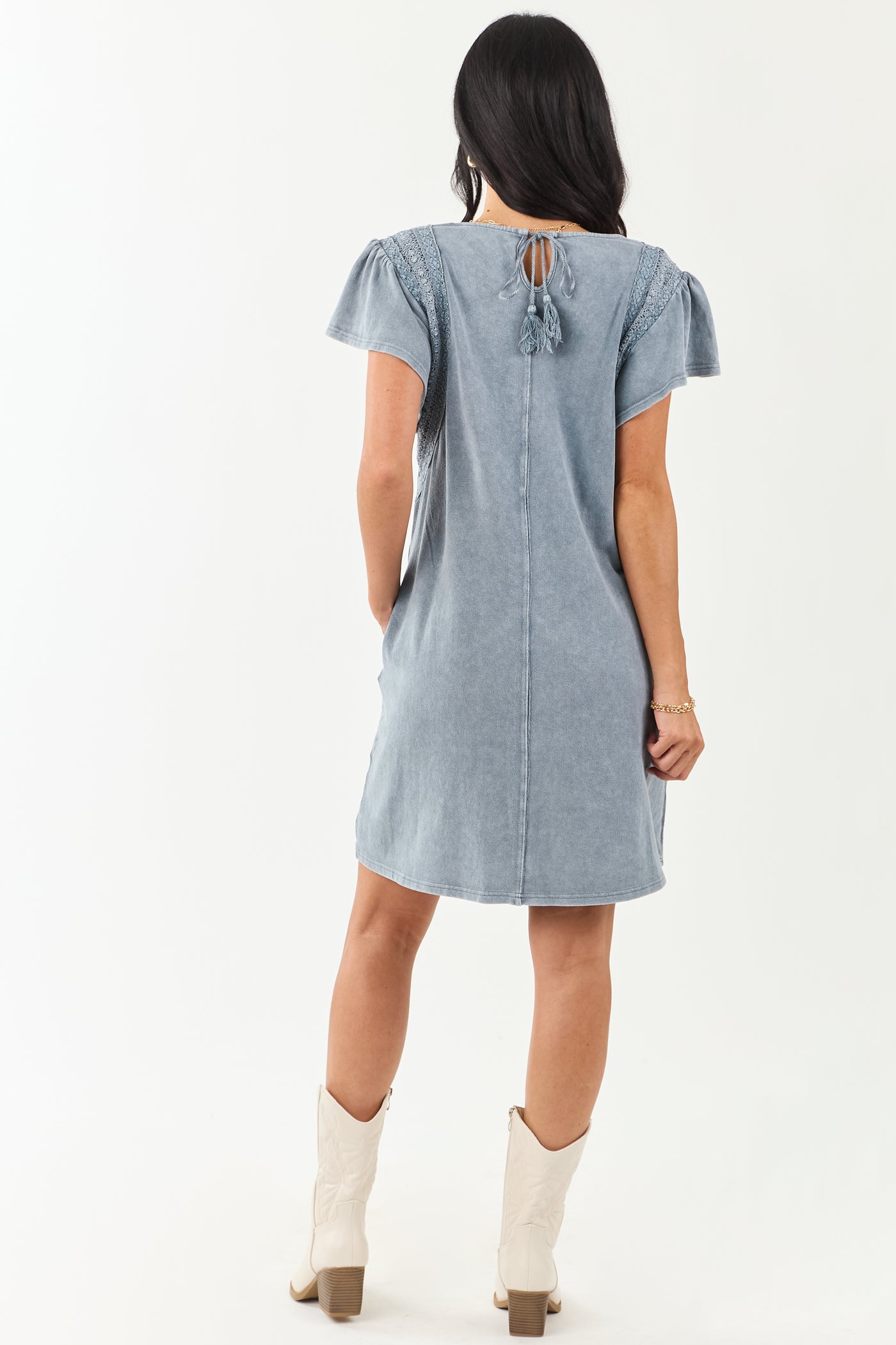 Slate Blue Washed Lace Detail Ruffle Mini Dress