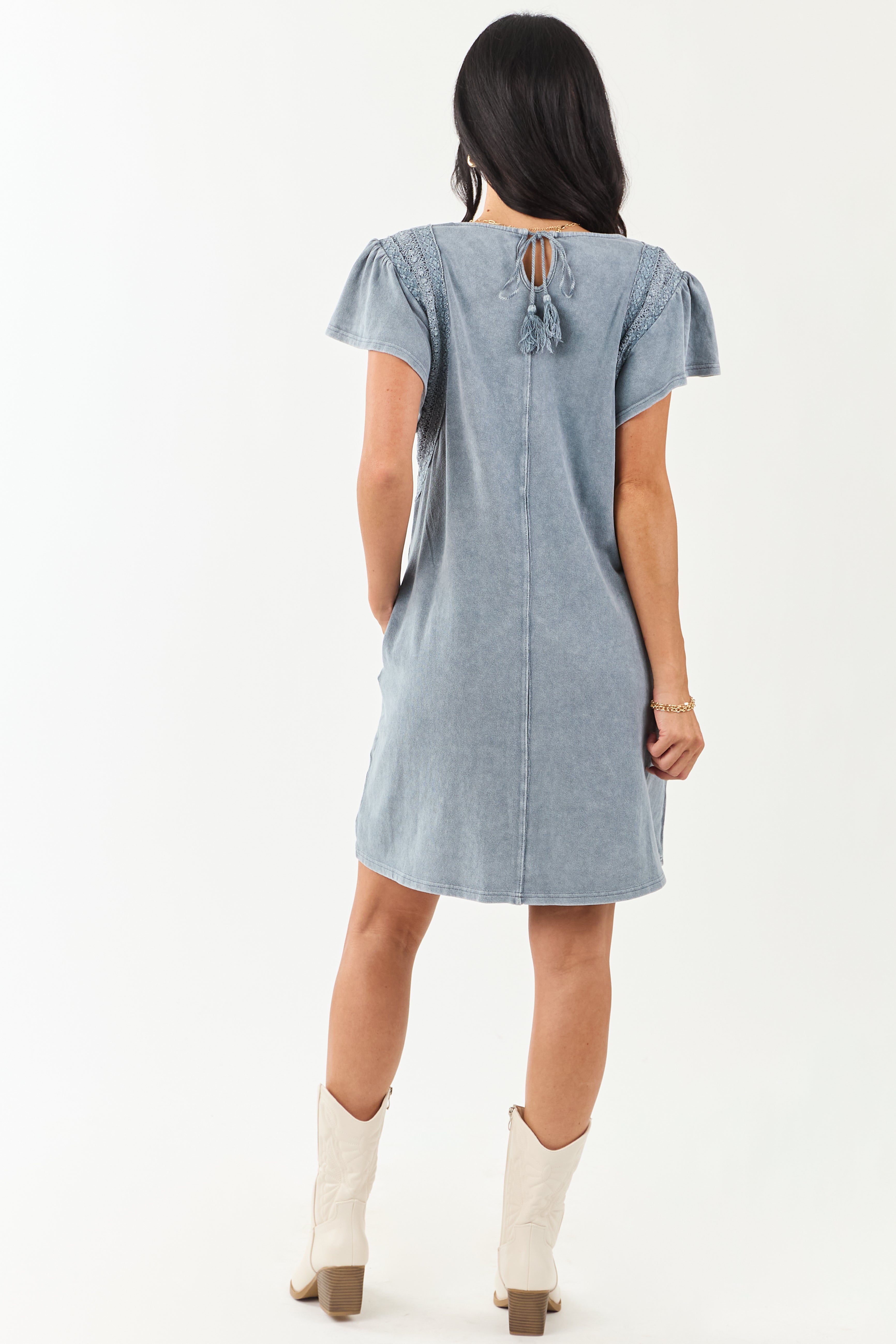 Slate Blue Washed Lace Detail Ruffle Mini Dress