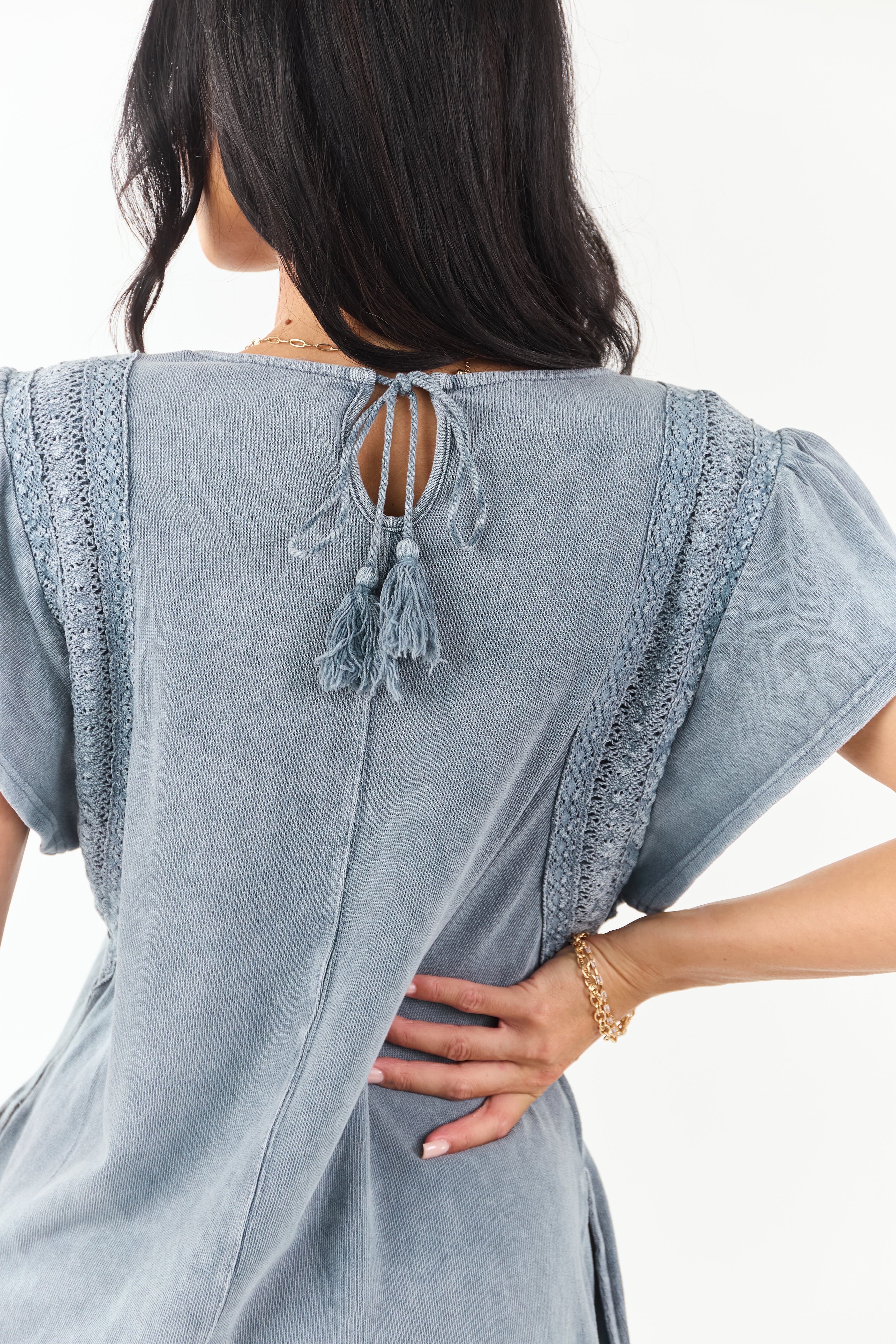 Slate Blue Washed Lace Detail Ruffle Mini Dress