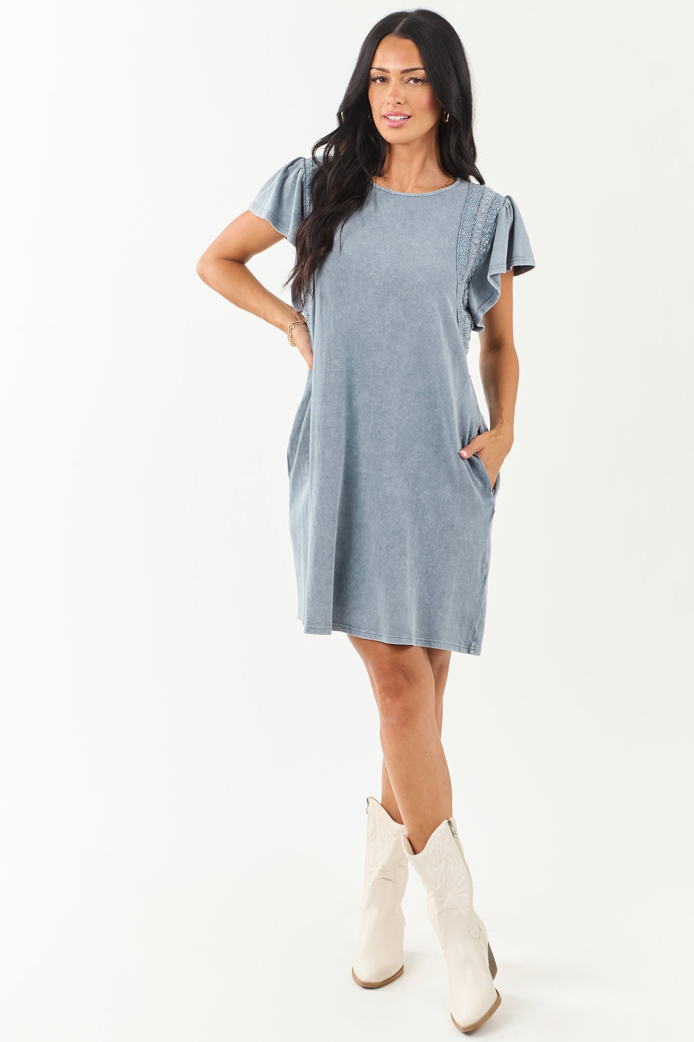 Slate Blue Washed Lace Detail Ruffle Mini Dress - S Slate Blue Washed Lace Detail Ruffle Mini Dress - S