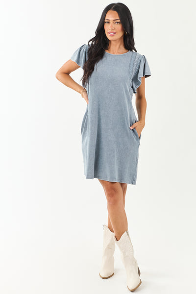 Slate Blue Washed Lace Detail Ruffle Mini Dress