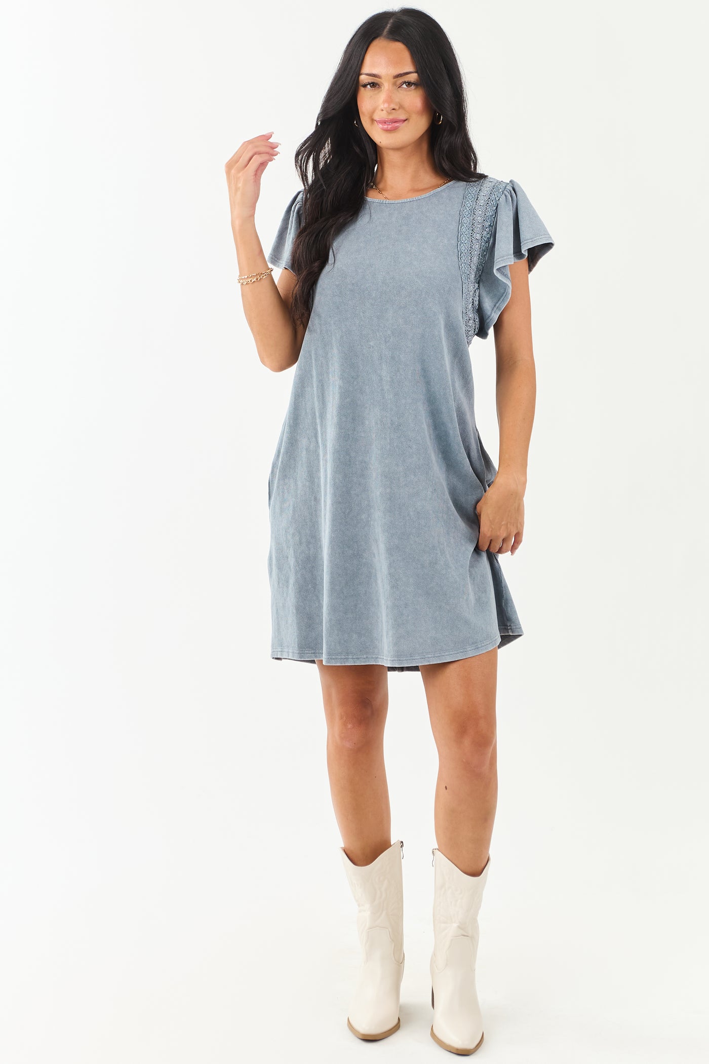 Slate Blue Washed Lace Detail Ruffle Mini Dress | Lime Lush Boutique Slate Blue Washed Lace Detail Ruffle Mini Dress | Lime Lush Boutique