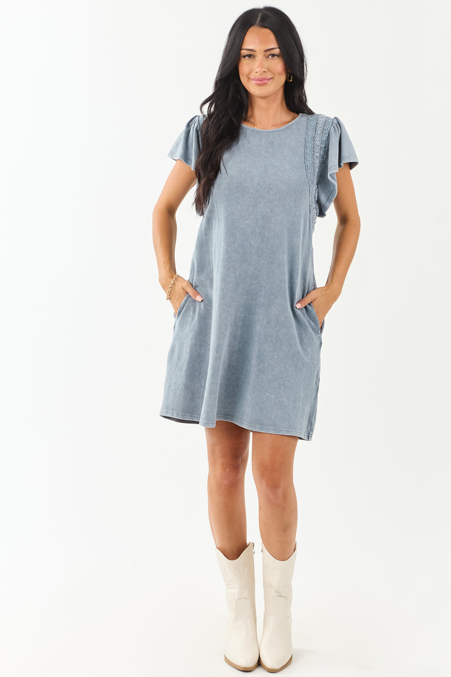 Slate Blue Washed Lace Detail Ruffle Mini Dress