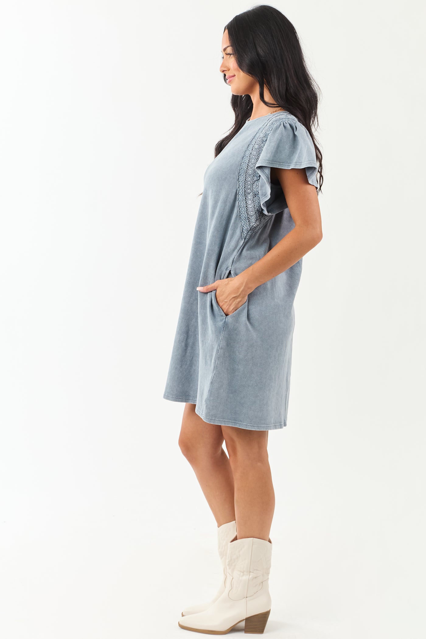 Slate Blue Washed Lace Detail Ruffle Mini Dress