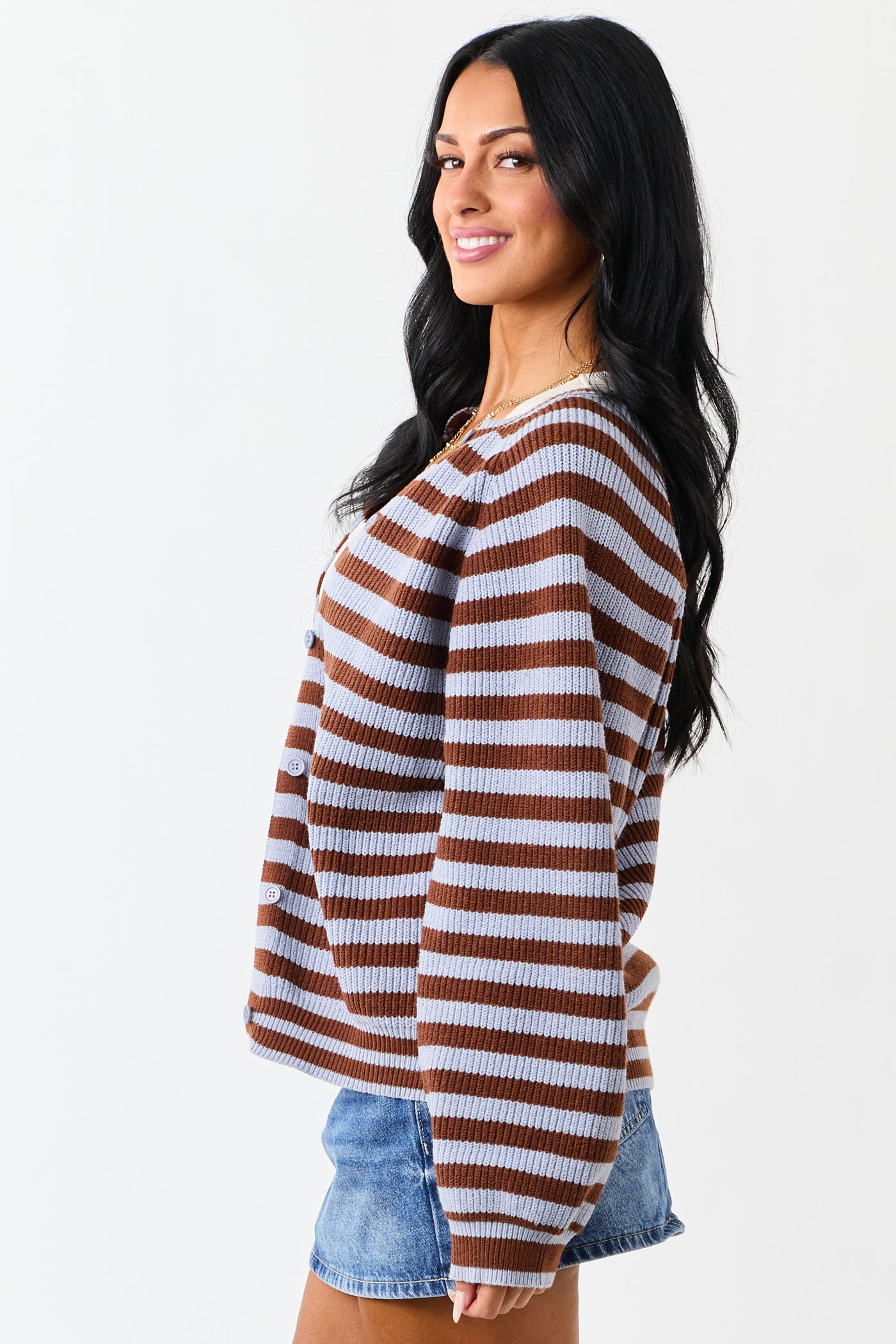 Slate Blue and Spice Striped Button Up Cardigan