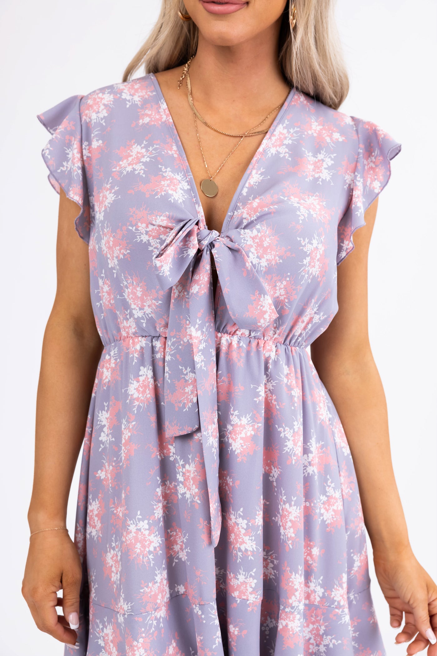 Slate Floral Print Front Tie Mini Dress