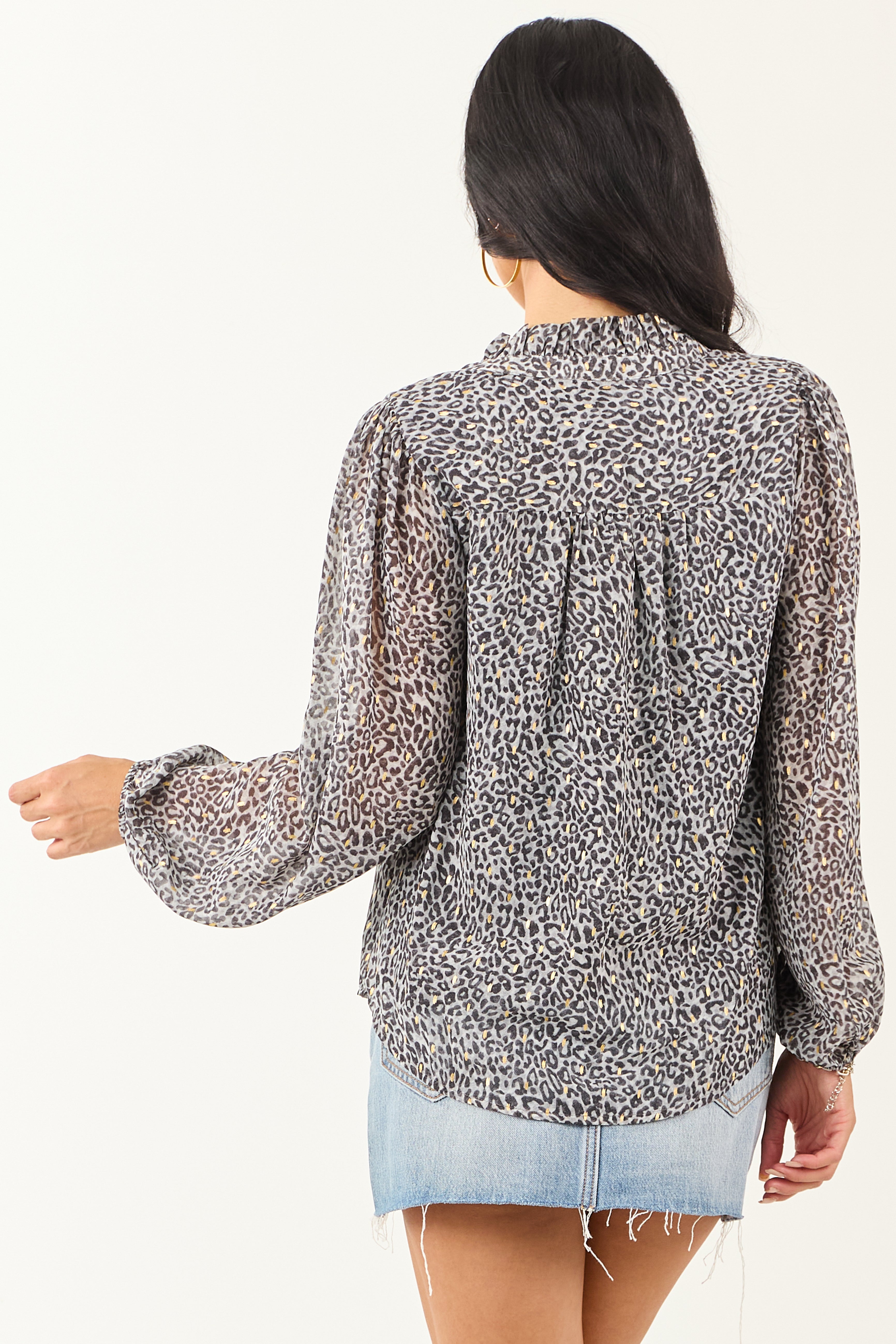 Slate Leopard Print Long Sleeve Frilled Top