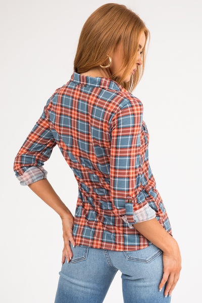 Slate and Pumpkin Plaid Top with Chest Pocket