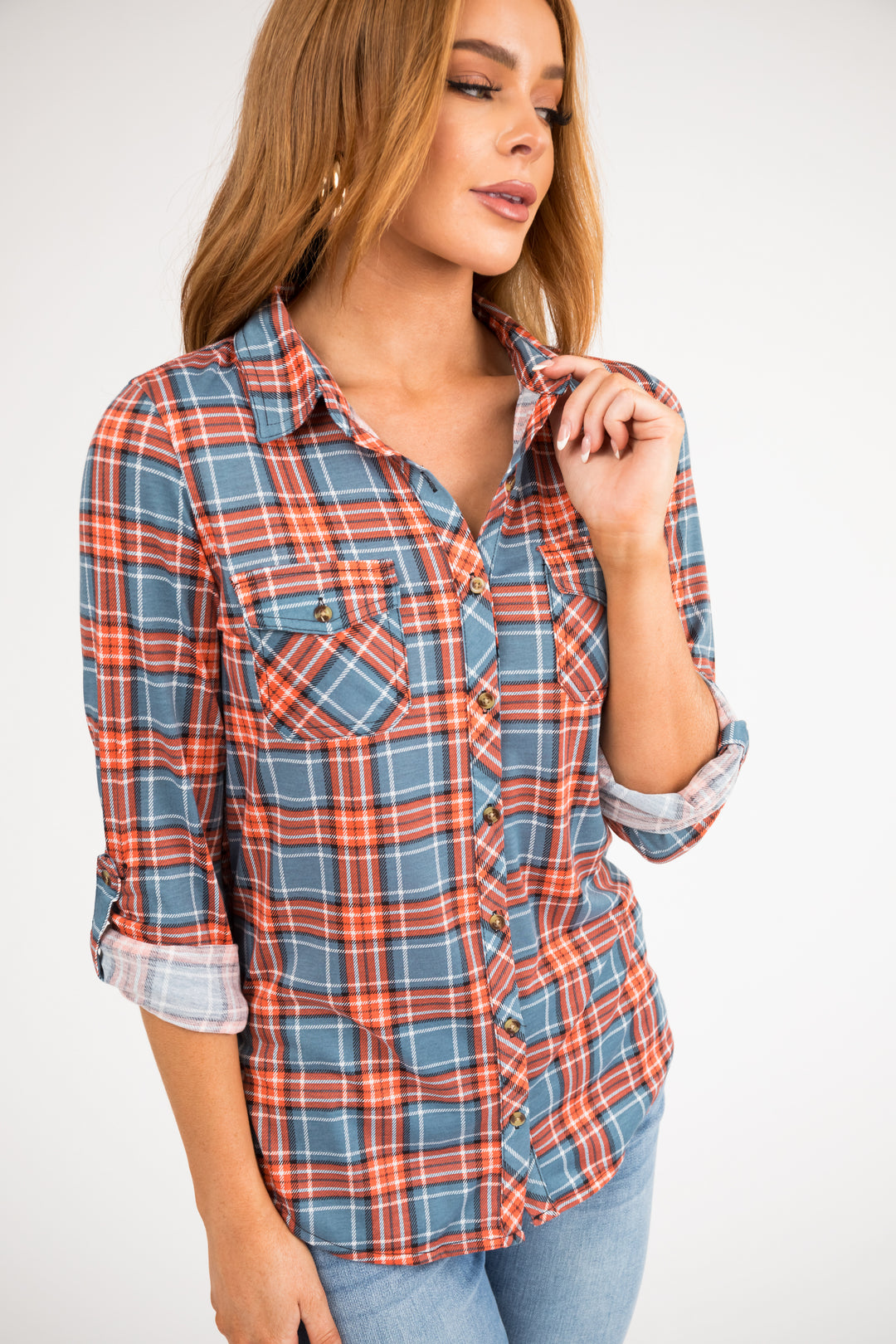 Slate and Pumpkin Plaid Top with Chest Pocket & Lime Lush