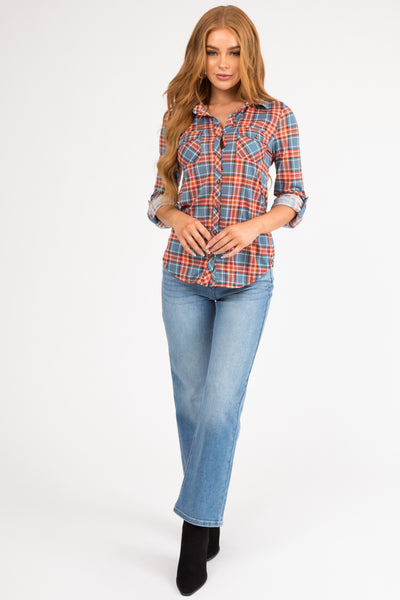 Slate and Pumpkin Plaid Top with Chest Pocket
