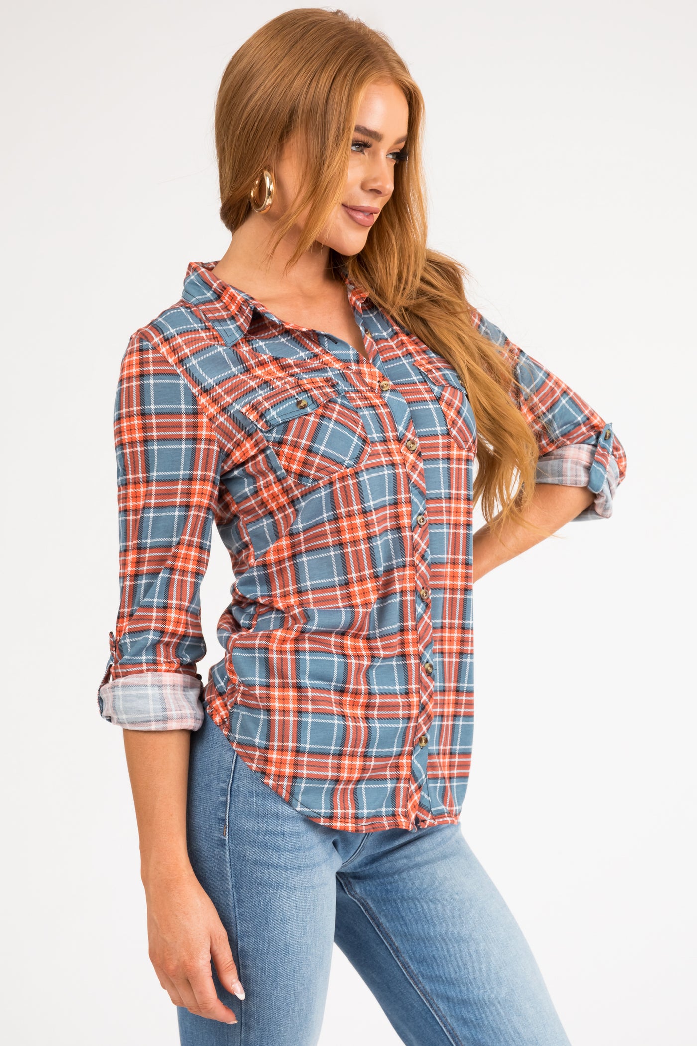 Slate and Pumpkin Plaid Top with Chest Pocket