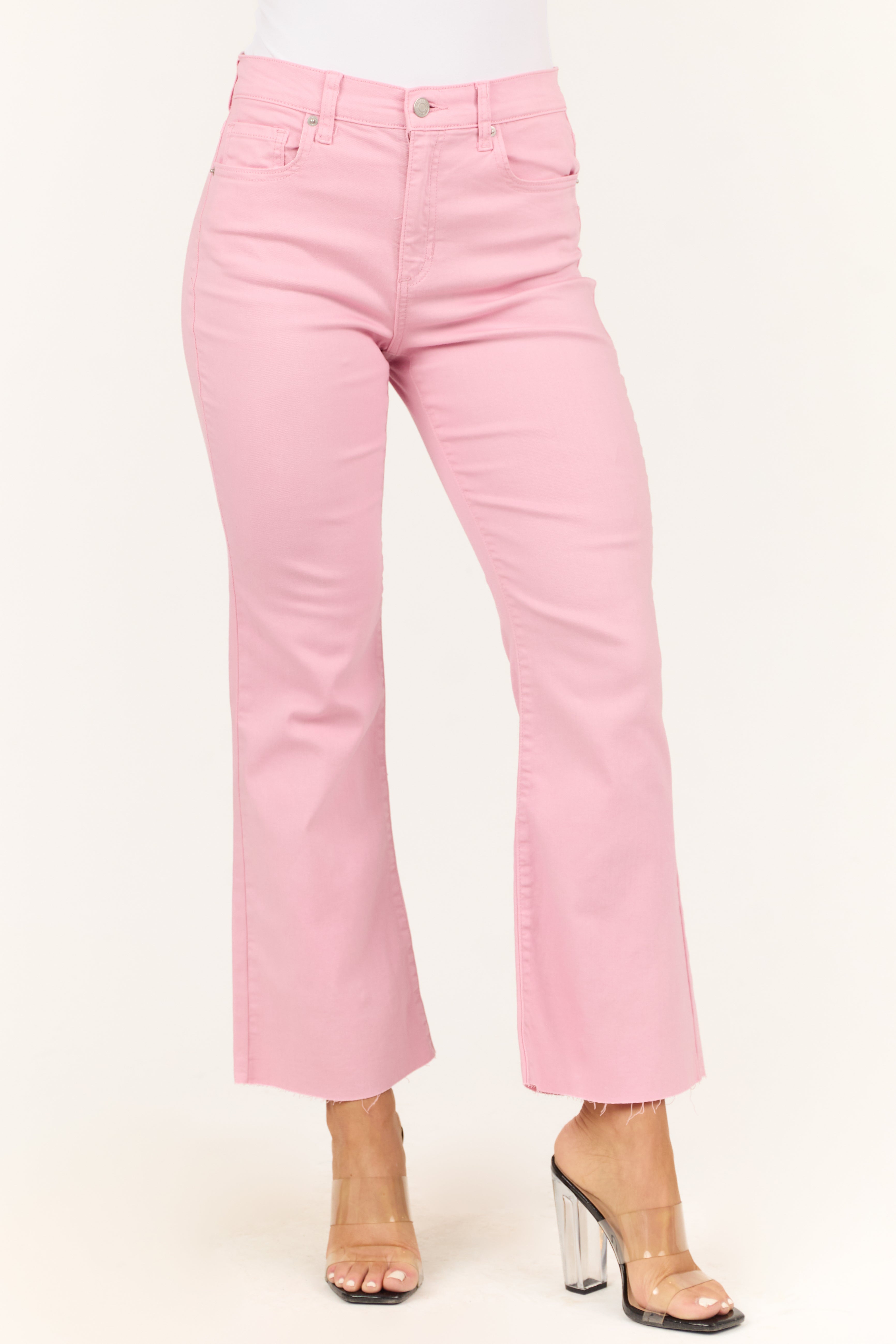 Sneak Peek Baby Pink High Rise Flare Ankle Jeans | Lime Lush Boutique