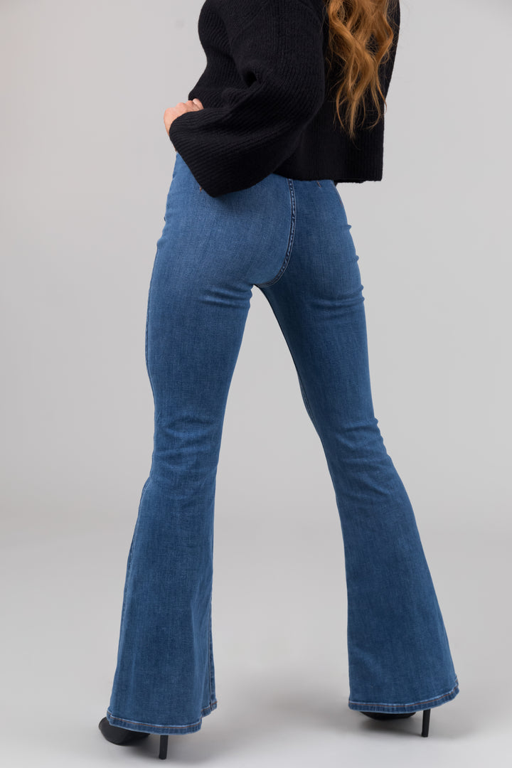 Sneak Peek Medium High Rise Double Button Flare Leg Jeans