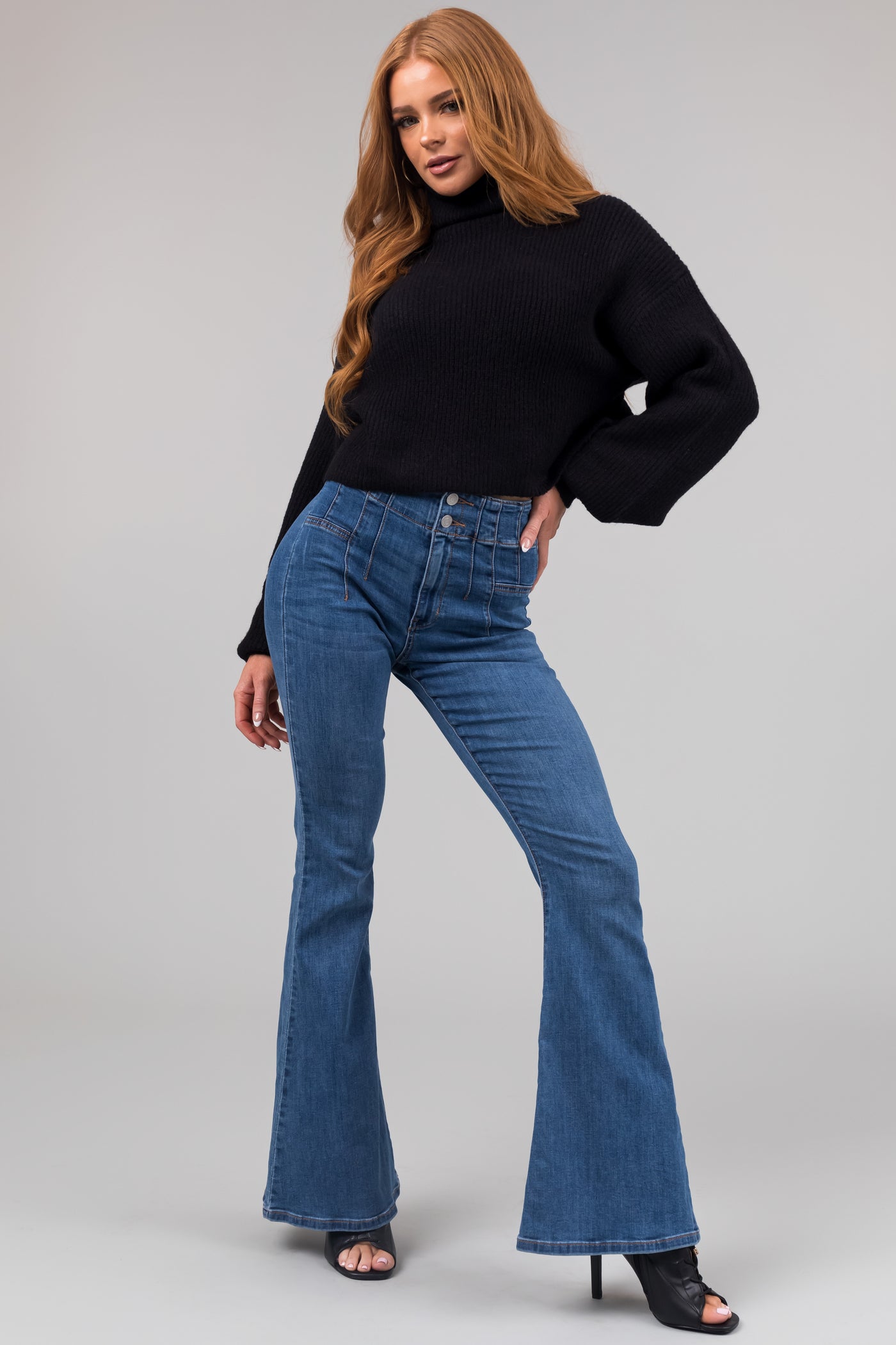 Sneak Peek Medium High Rise Double Button Flare Leg Jeans