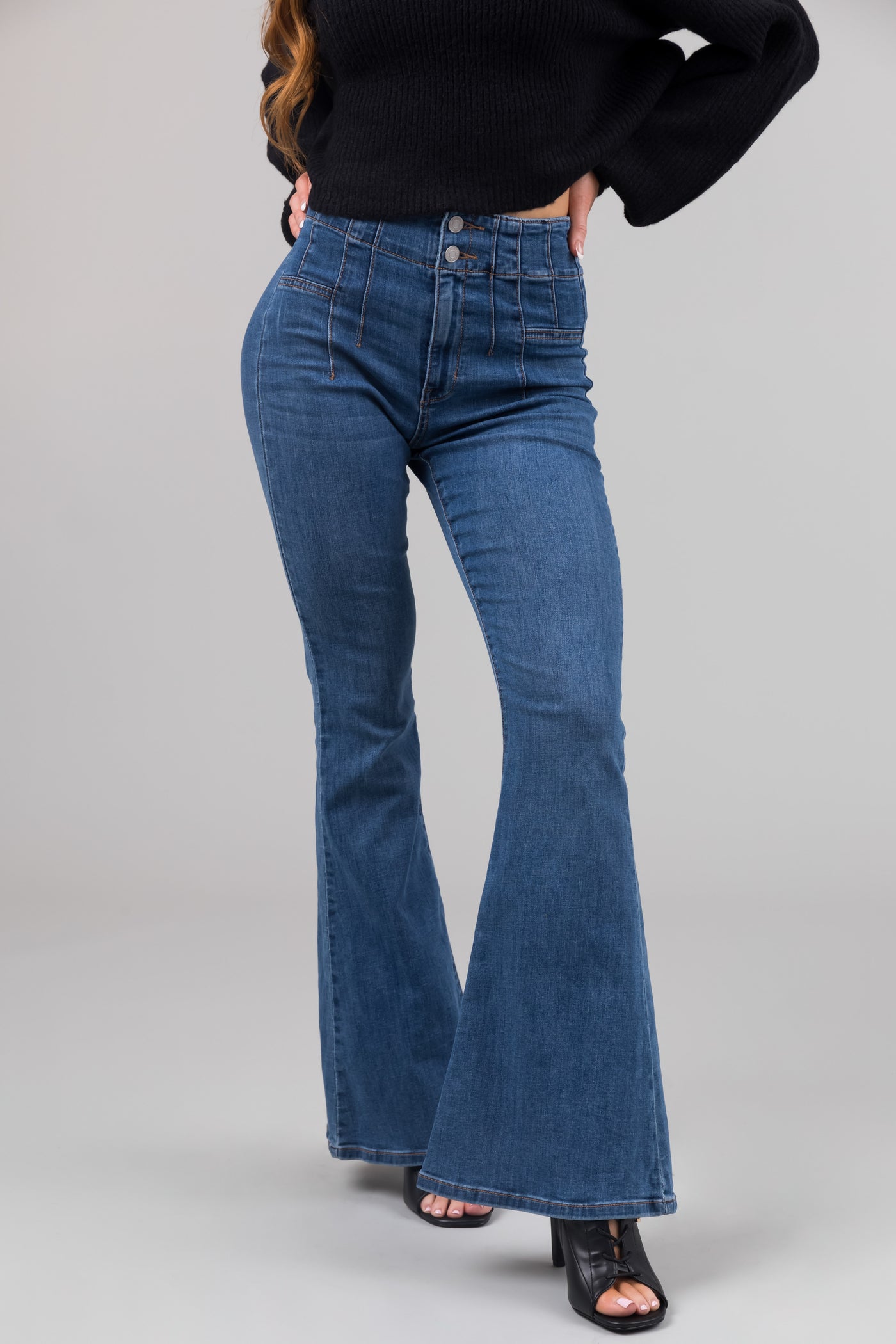 Sneak Peek Medium High Rise Double Button Flare Leg Jeans