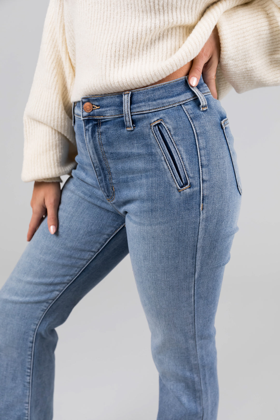 Sneak Peek Medium Light Wash Stretchy Slim Bootcut Jeans