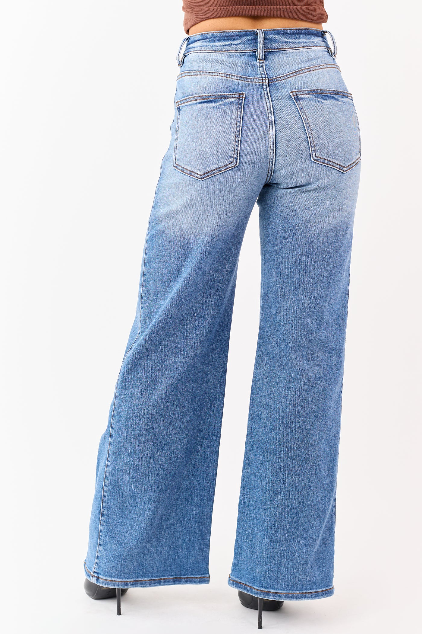 Sneak Peek Medium Stonewash Stretchy Wide Leg Jeans