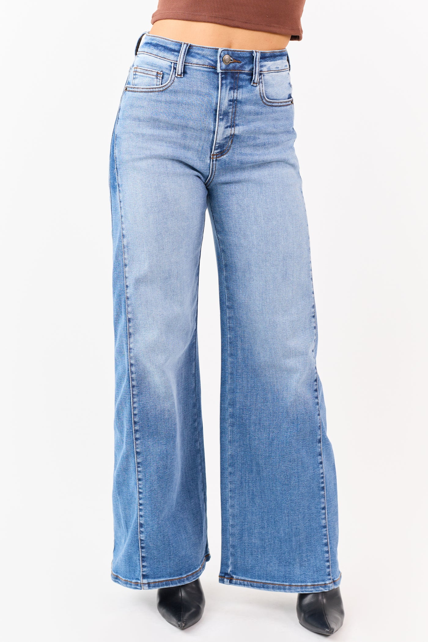 Sneak Peek Medium Stonewash Stretchy Wide Leg Jeans