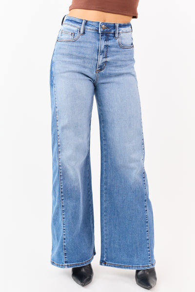 Sneak Peek Medium Stonewash Stretchy Wide Leg Jeans