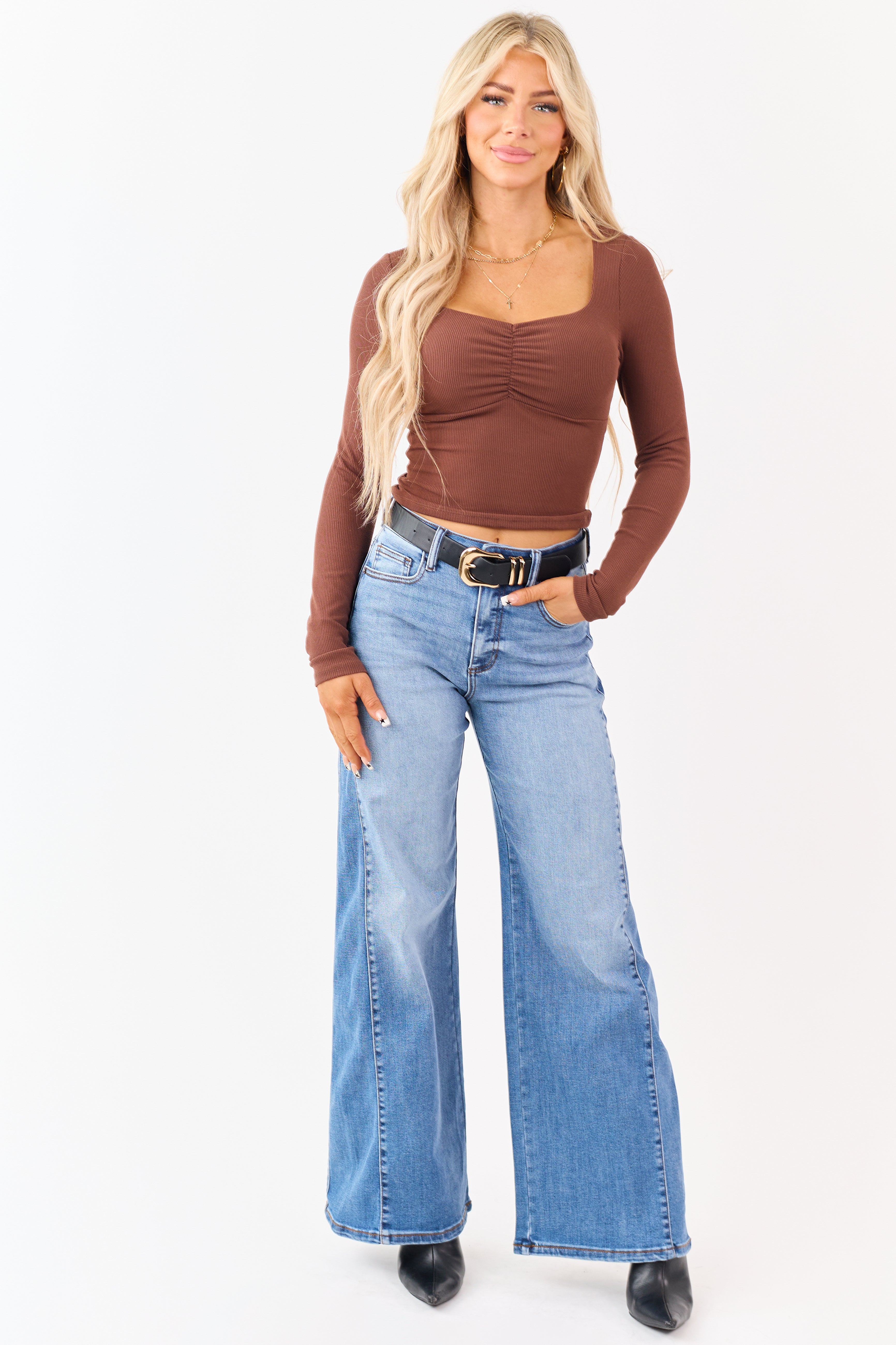 Sneak Peek Medium Stonewash Stretchy Wide Leg Jeans