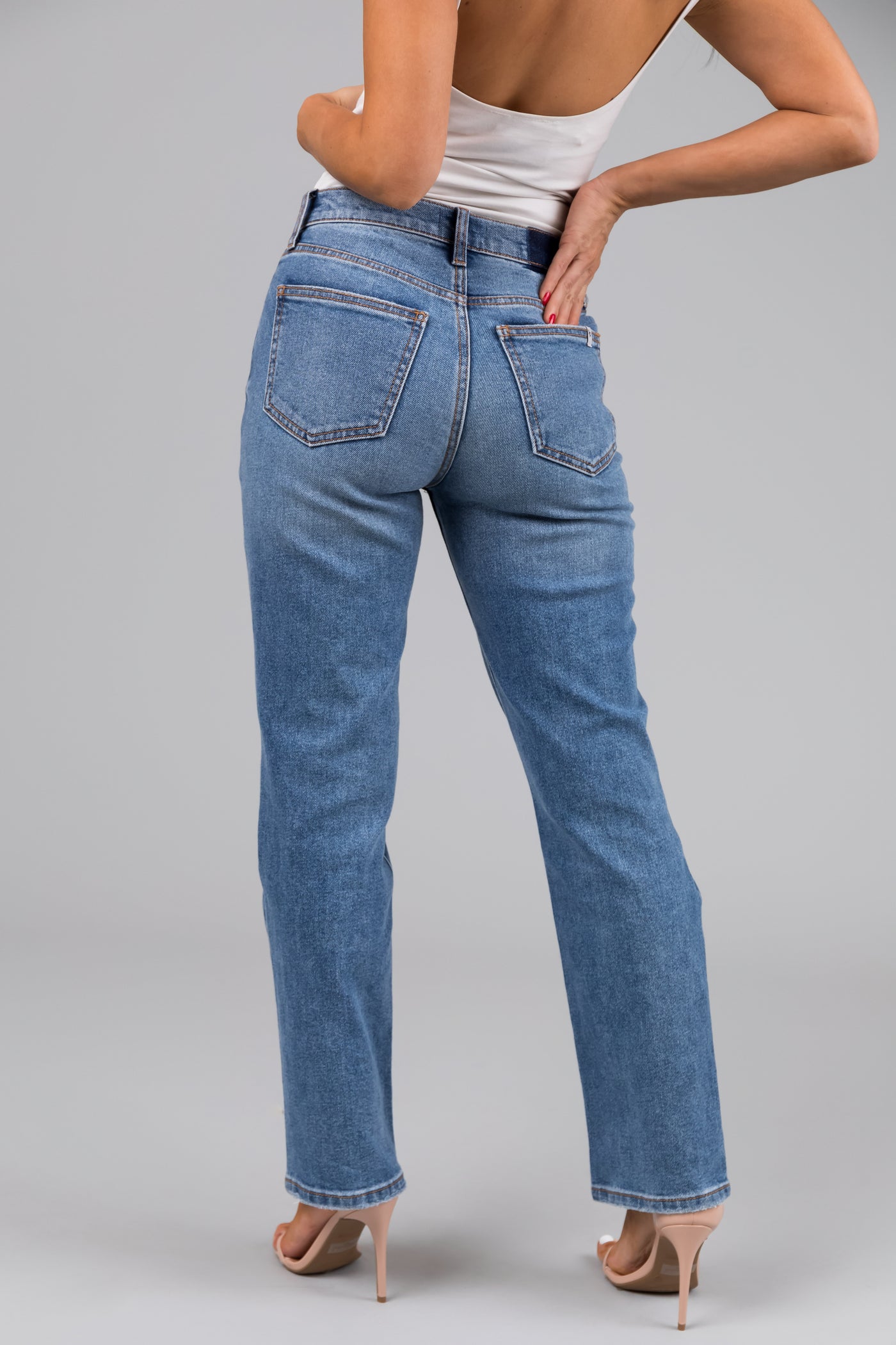 Sneak Peek Medium Wash High Rise Distressed Knee Jeans