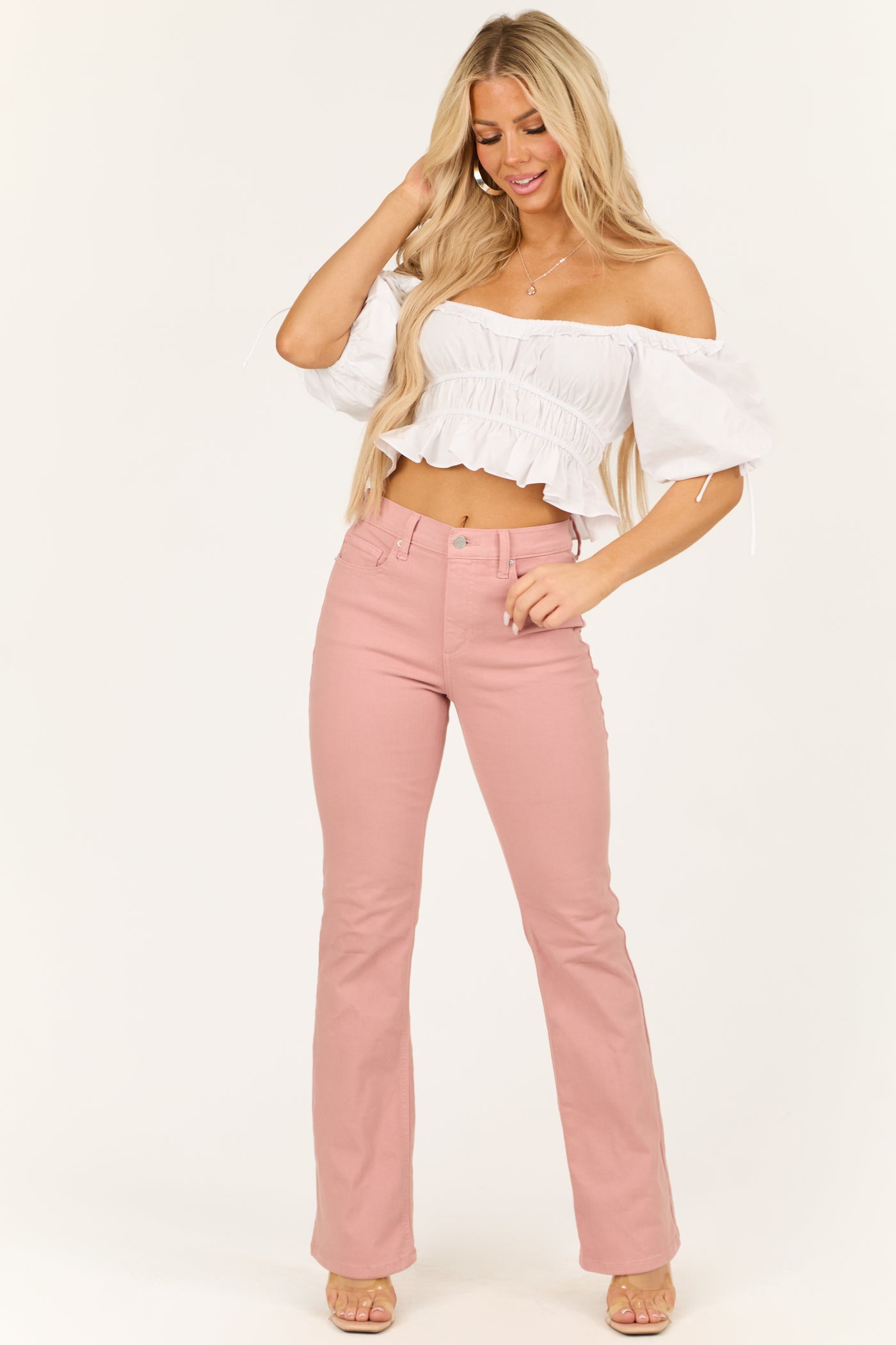 Sneak Peek Pale Coral High Rise Bootcut Jeans