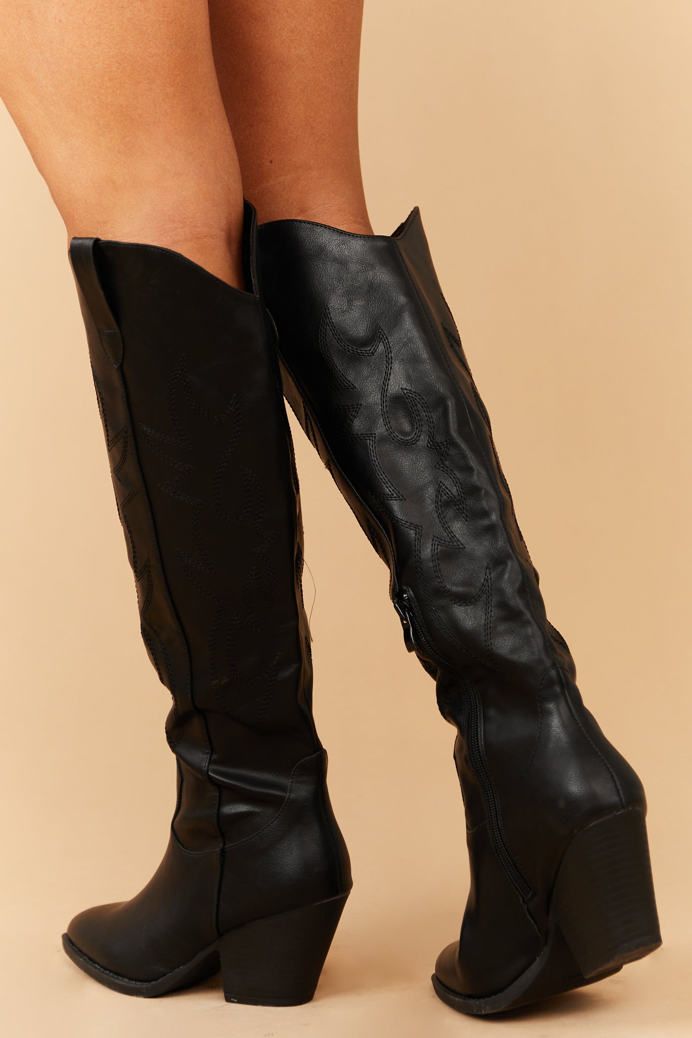 Solid Black Pointed Toe Knee High Western Boots