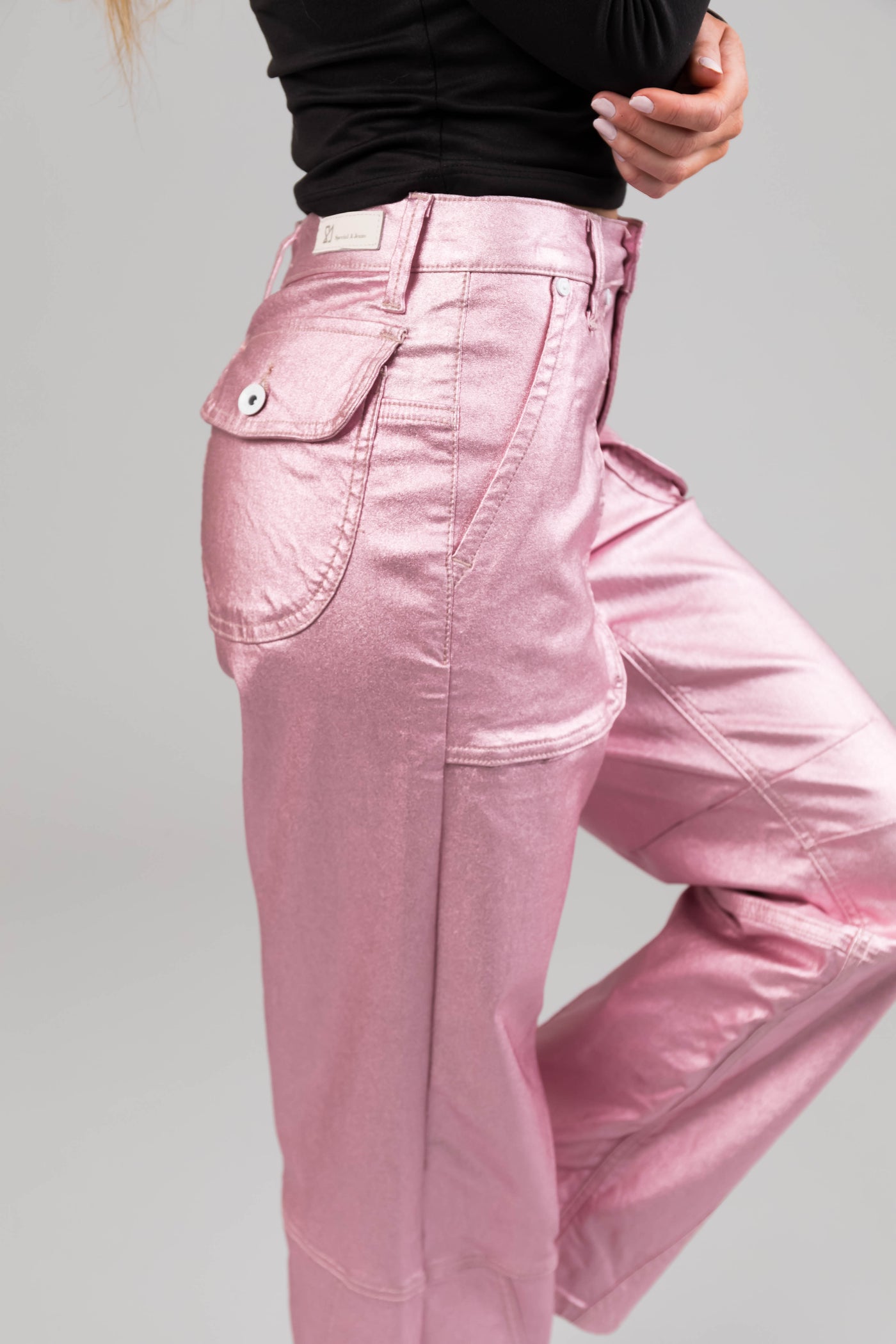 Special A Baby Pink Metallic Cargo Jeans