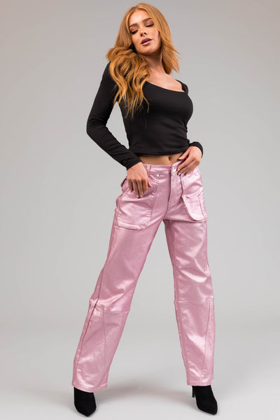 Special A Baby Pink Metallic Cargo Jeans