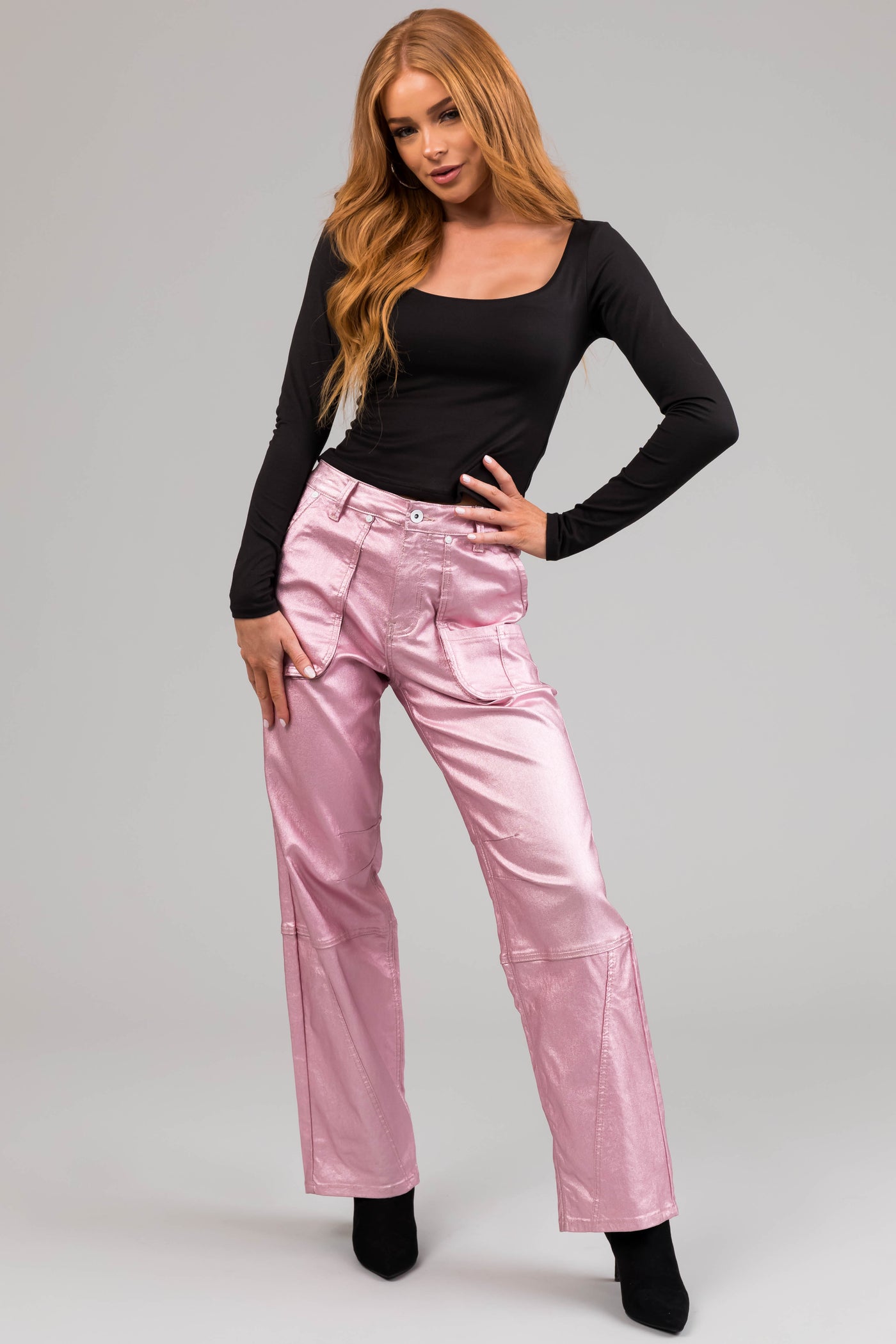 Special A Baby Pink Metallic Cargo Jeans