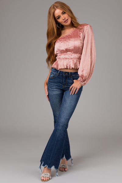 Special A Medium Wash Mid Rise Flare Cut Raw Hem Jeans