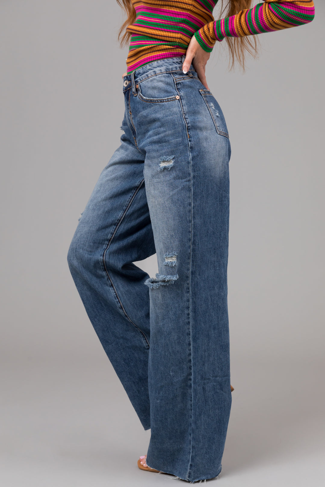 Special A Medium Wash Wide Leg Distressed Knee Dad Jeans & Lime Lush