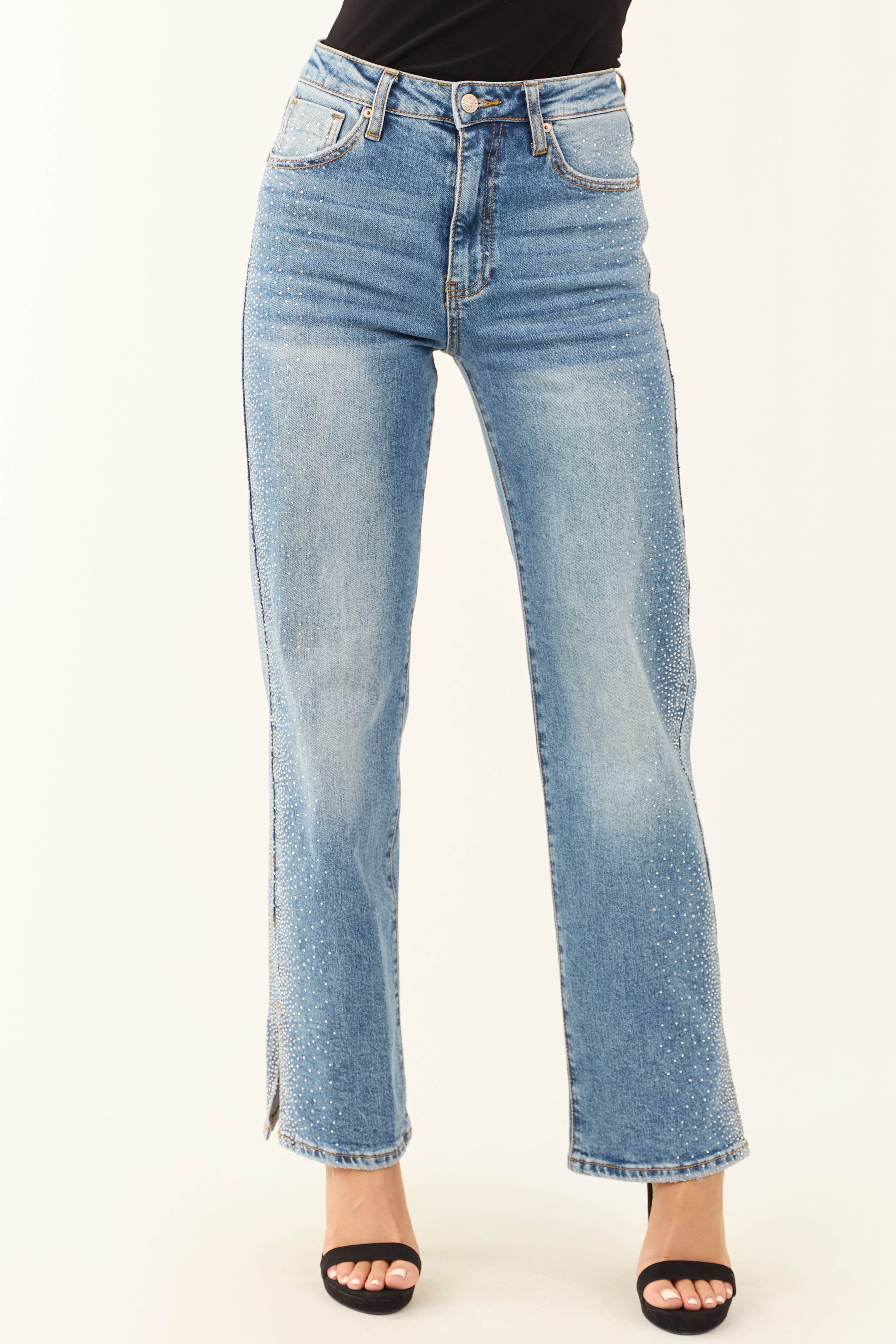 Special A Straight Leg Rhinestone Hem Slit Jeans | Lime Lush