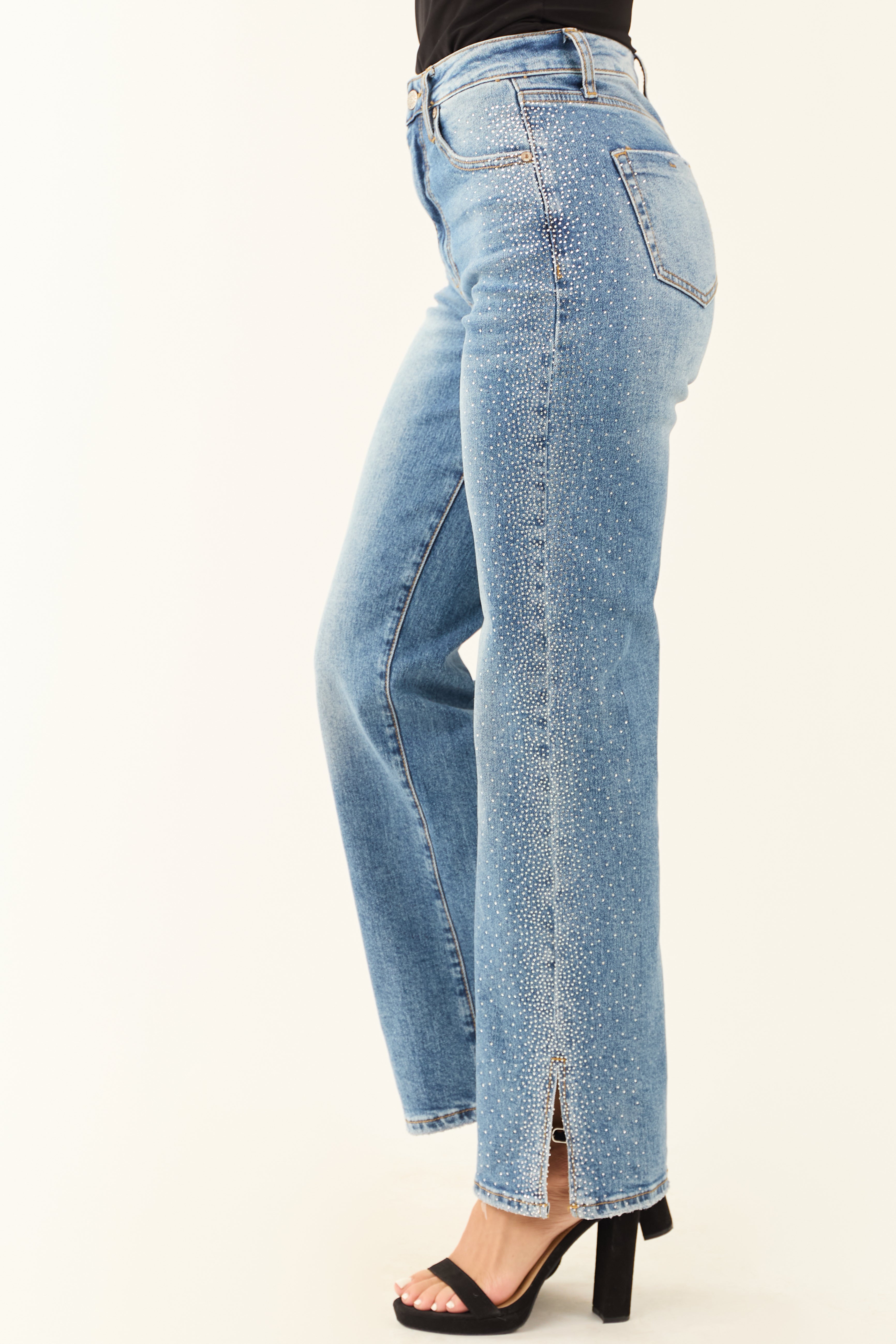 【RANCHIC】side slit denim ribbon pants RANCLIC Side Slit Denim Ribbon Pants