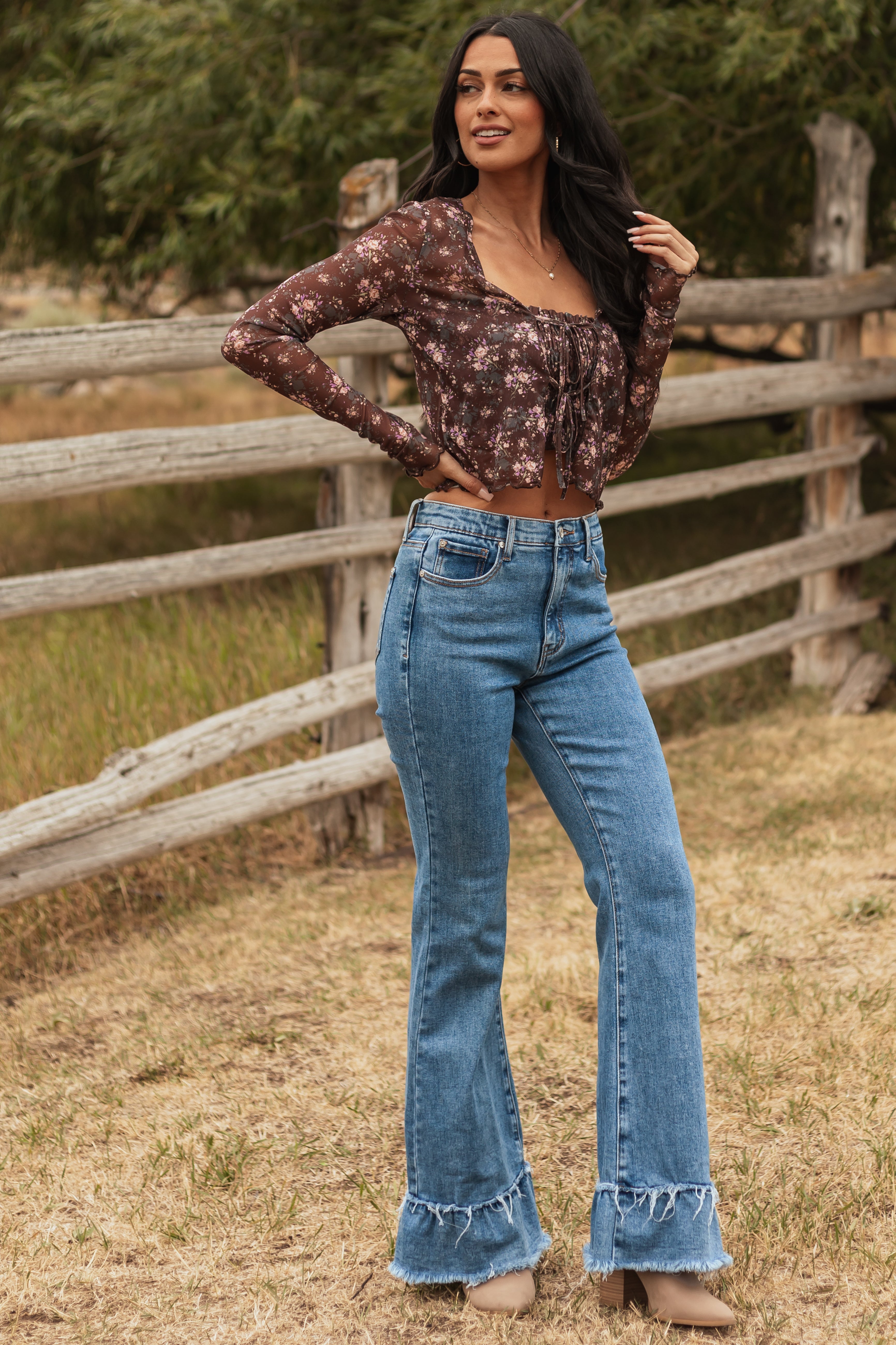 Special A Tummy Control Ruffle Flare Stretchy Jeans | Lime Lush