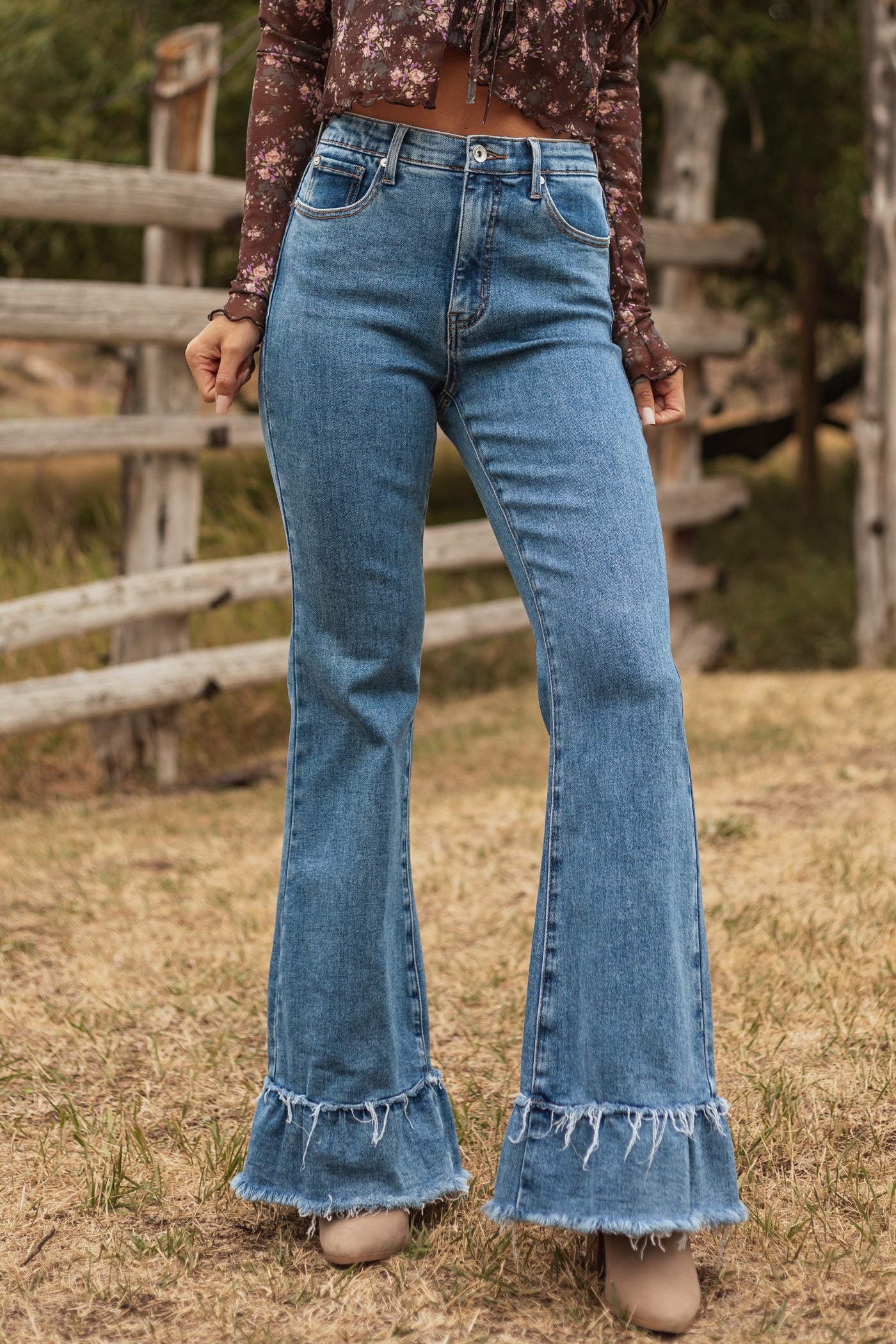 Special A Tummy Control Ruffle Flare Stretchy Jeans