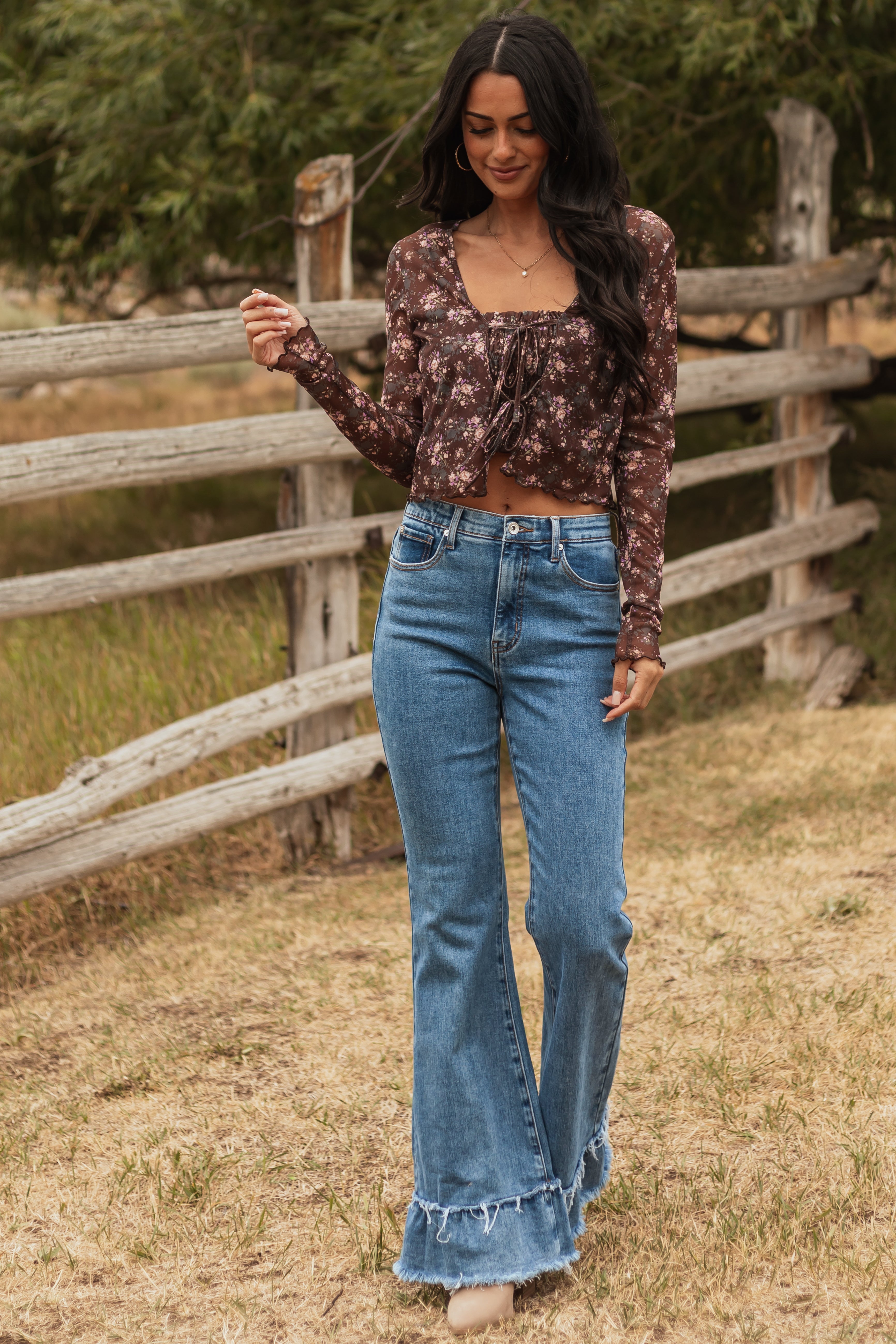 Special A Tummy Control Ruffle Flare Stretchy Jeans