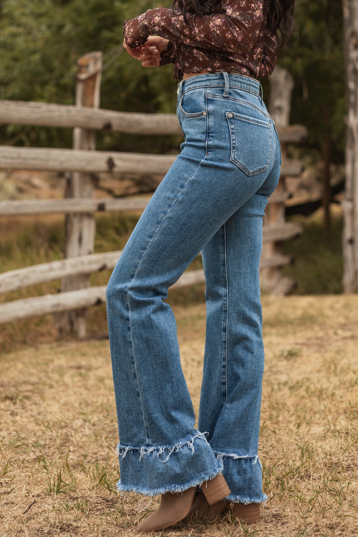 Special A Tummy Control Ruffle Flare Stretchy Jeans