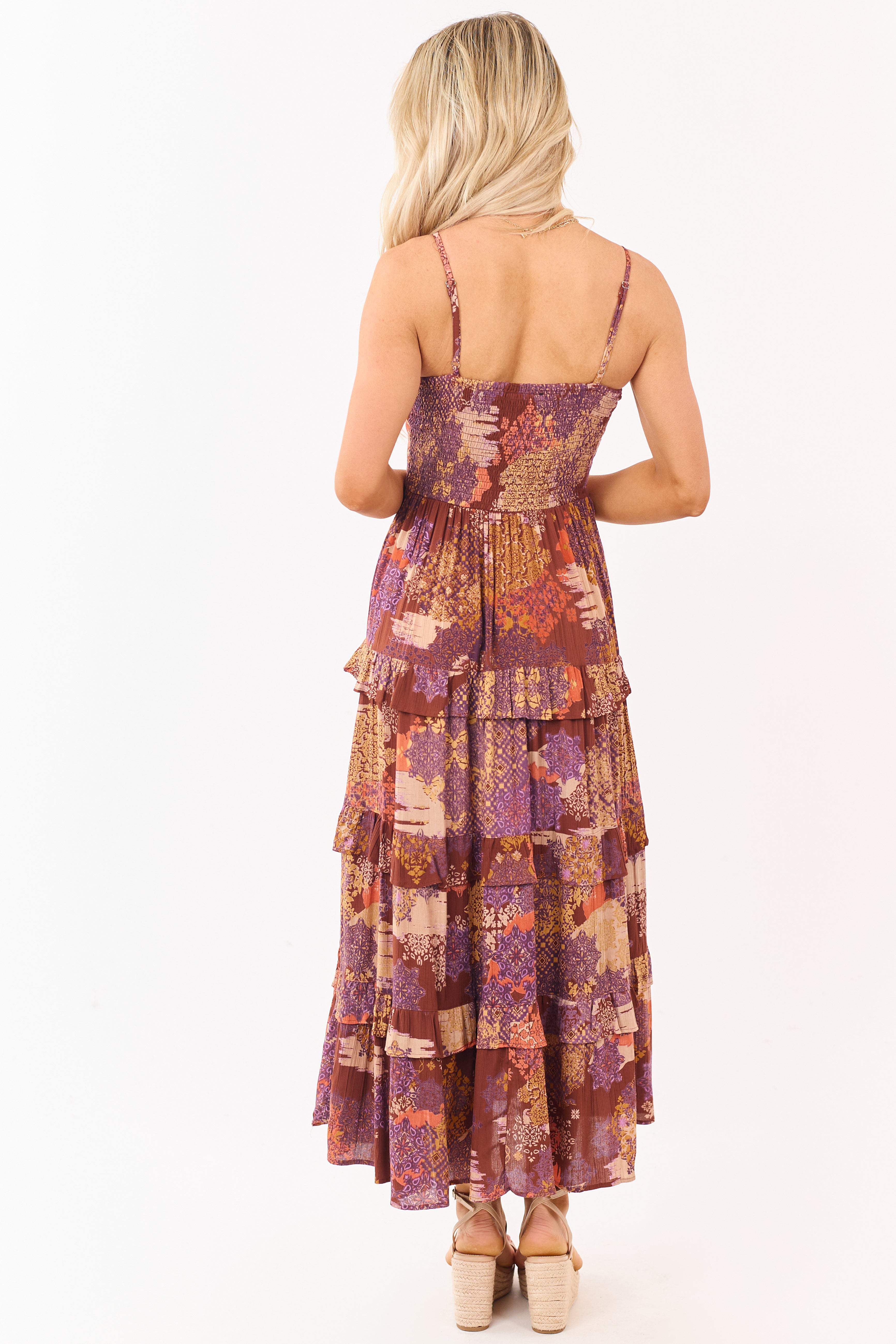 Spice Boho Patchwork Bust Twist Tiered Midi Dress