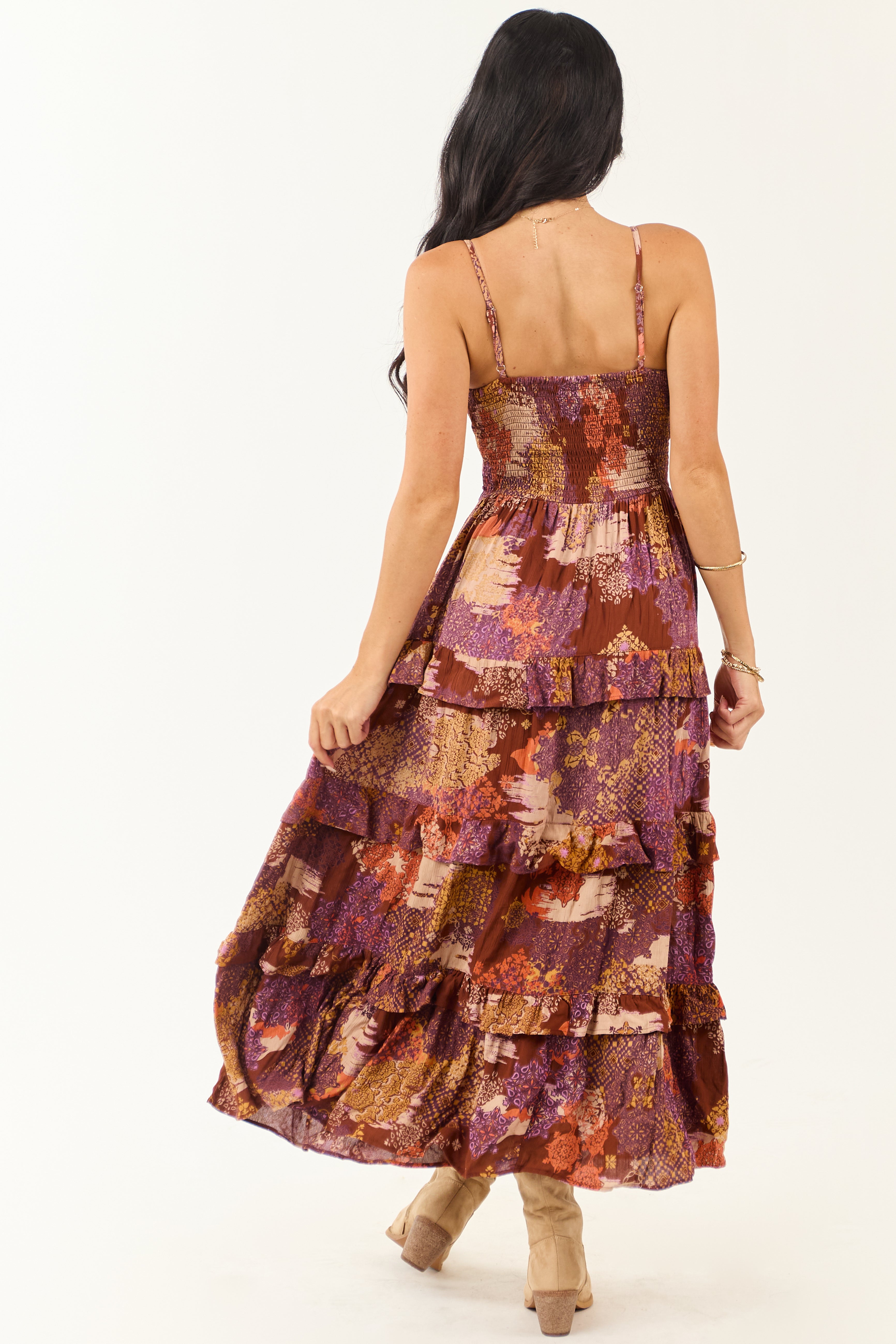 Spice Boho Patchwork Bust Twist Tiered Midi Dress
