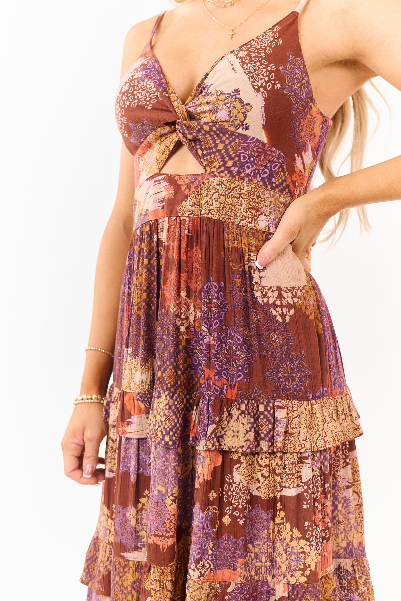 Spice Boho Patchwork Bust Twist Tiered Midi Dress