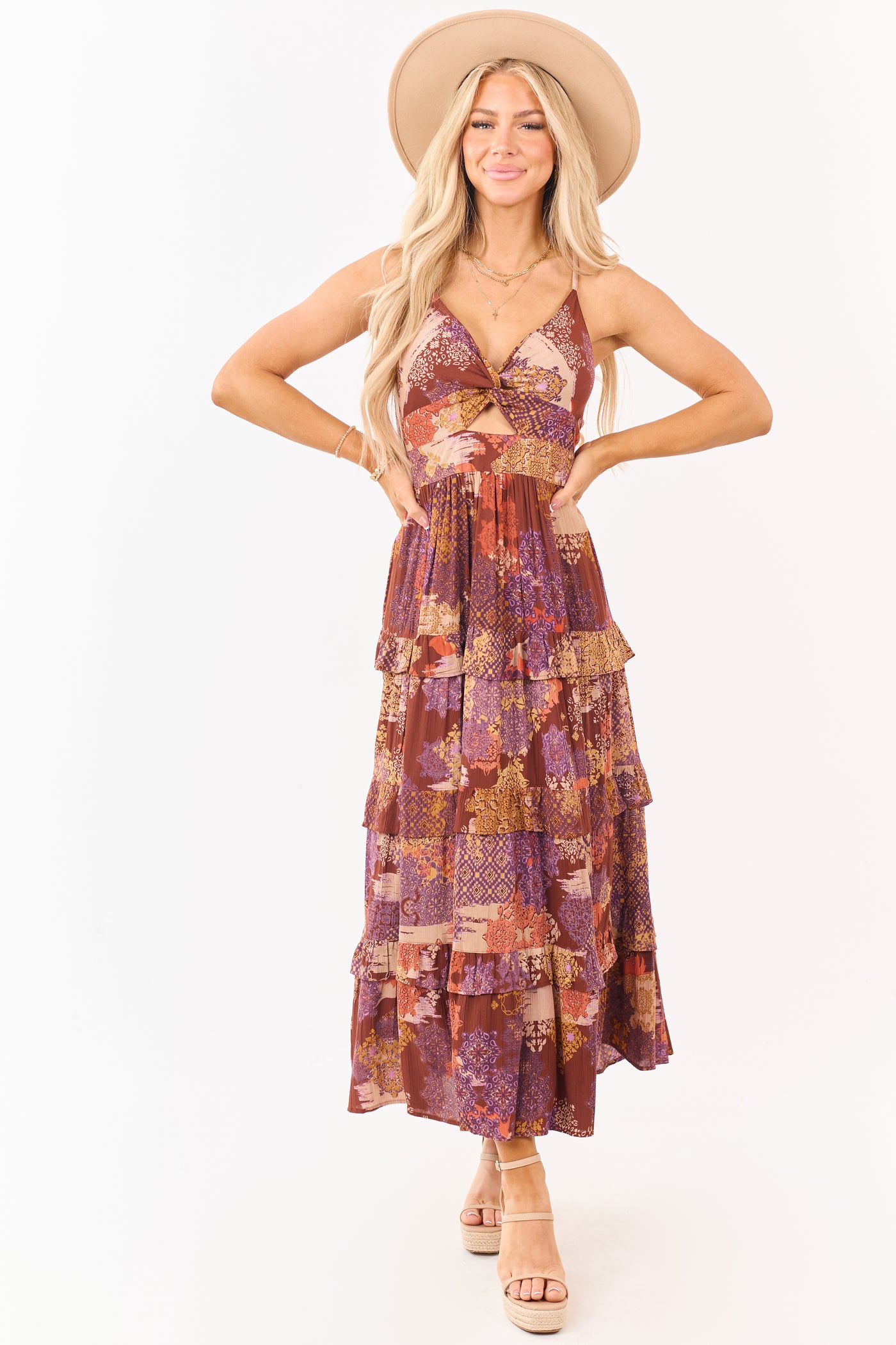 Spice Boho Patchwork Bust Twist Tiered Midi Dress