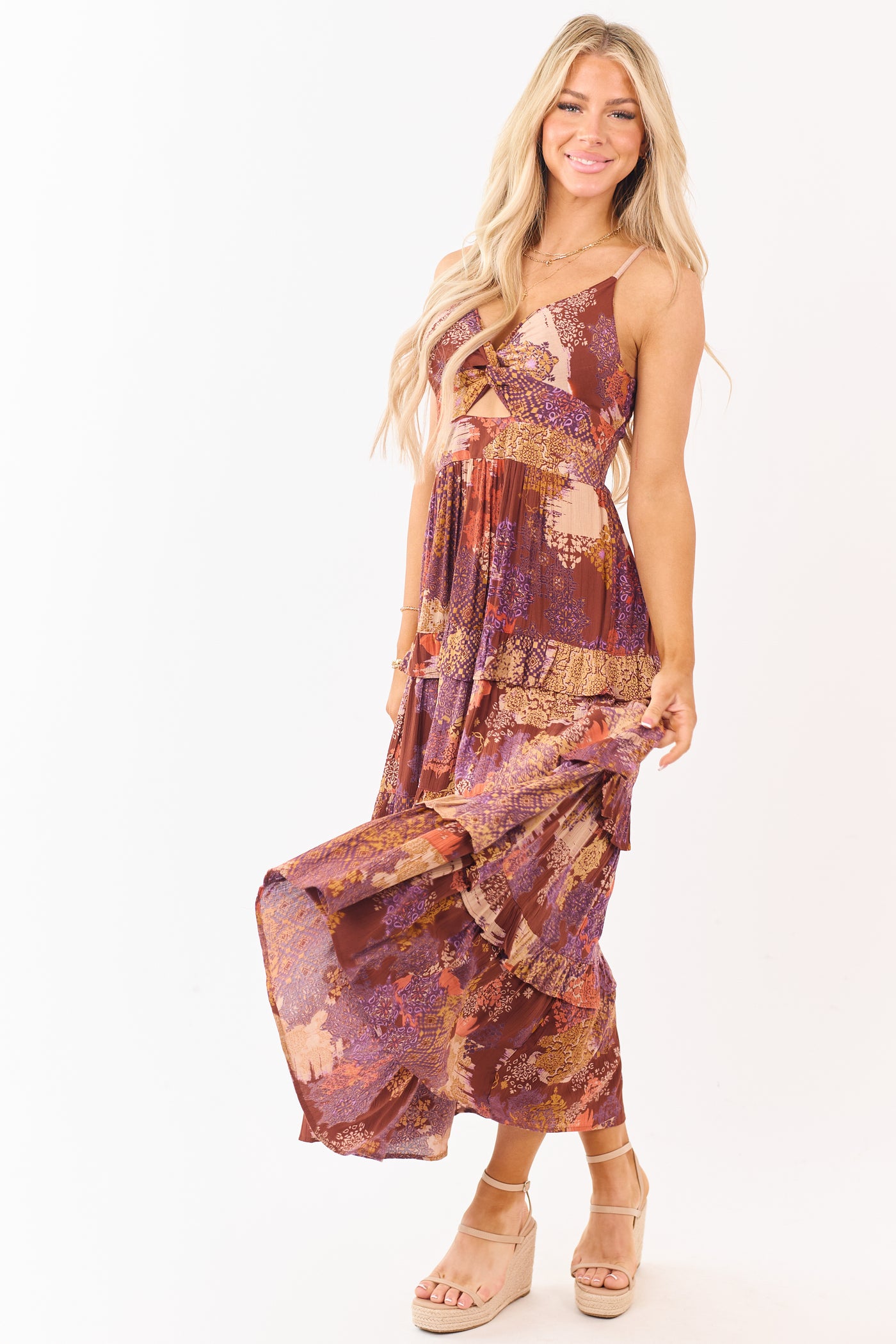 Spice Boho Patchwork Bust Twist Tiered Midi Dress