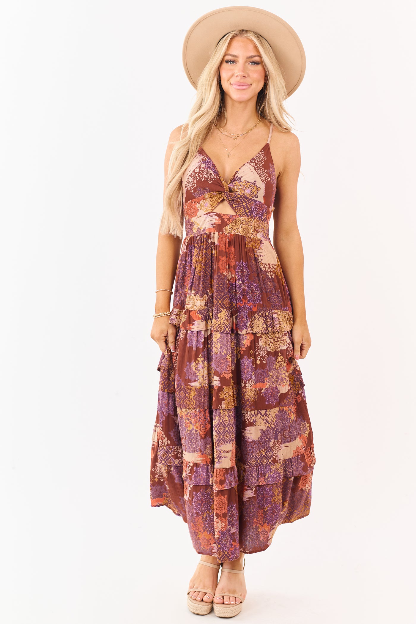 Spice Boho Patchwork Bust Twist Tiered Midi Dress