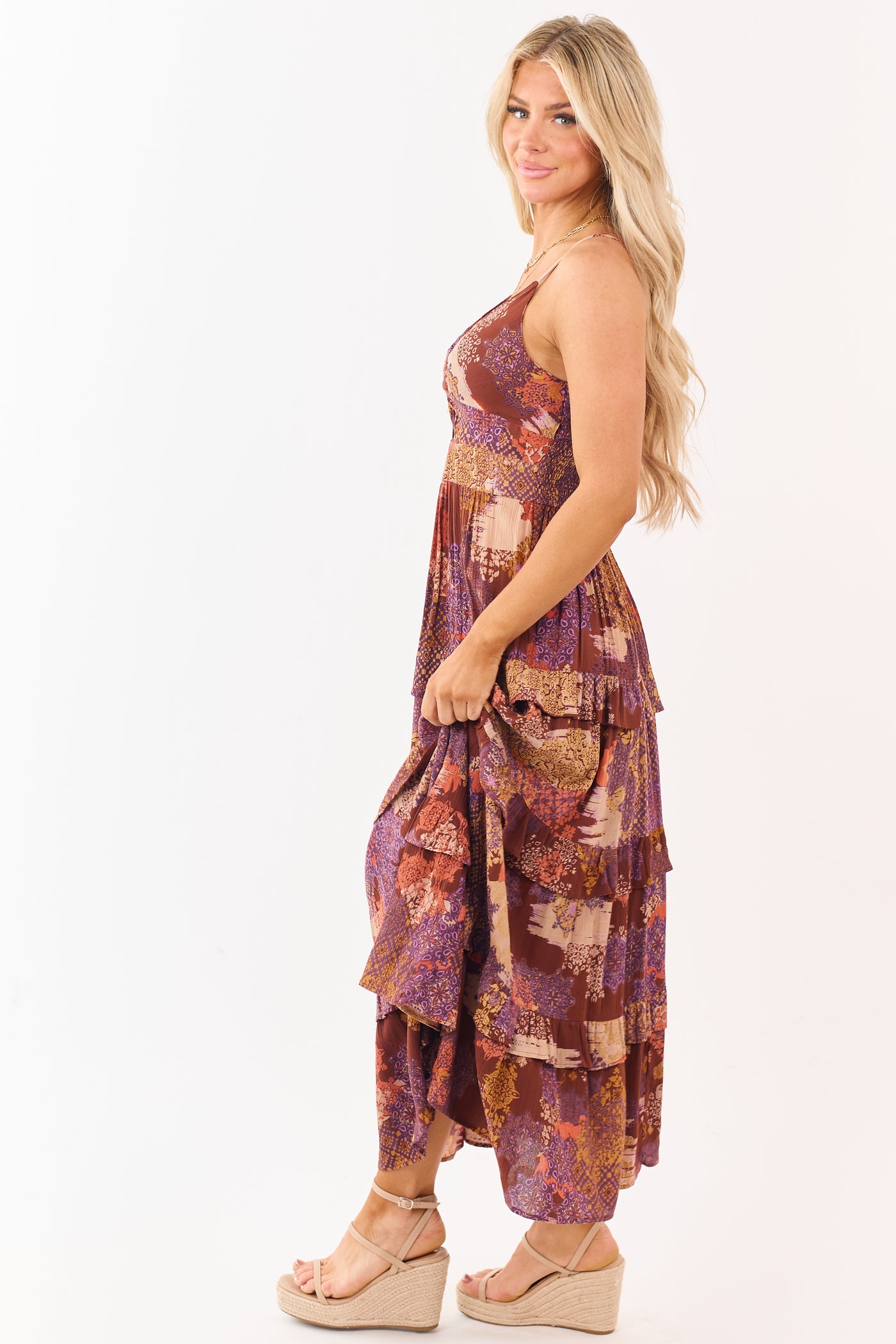 Spice Boho Patchwork Bust Twist Tiered Midi Dress